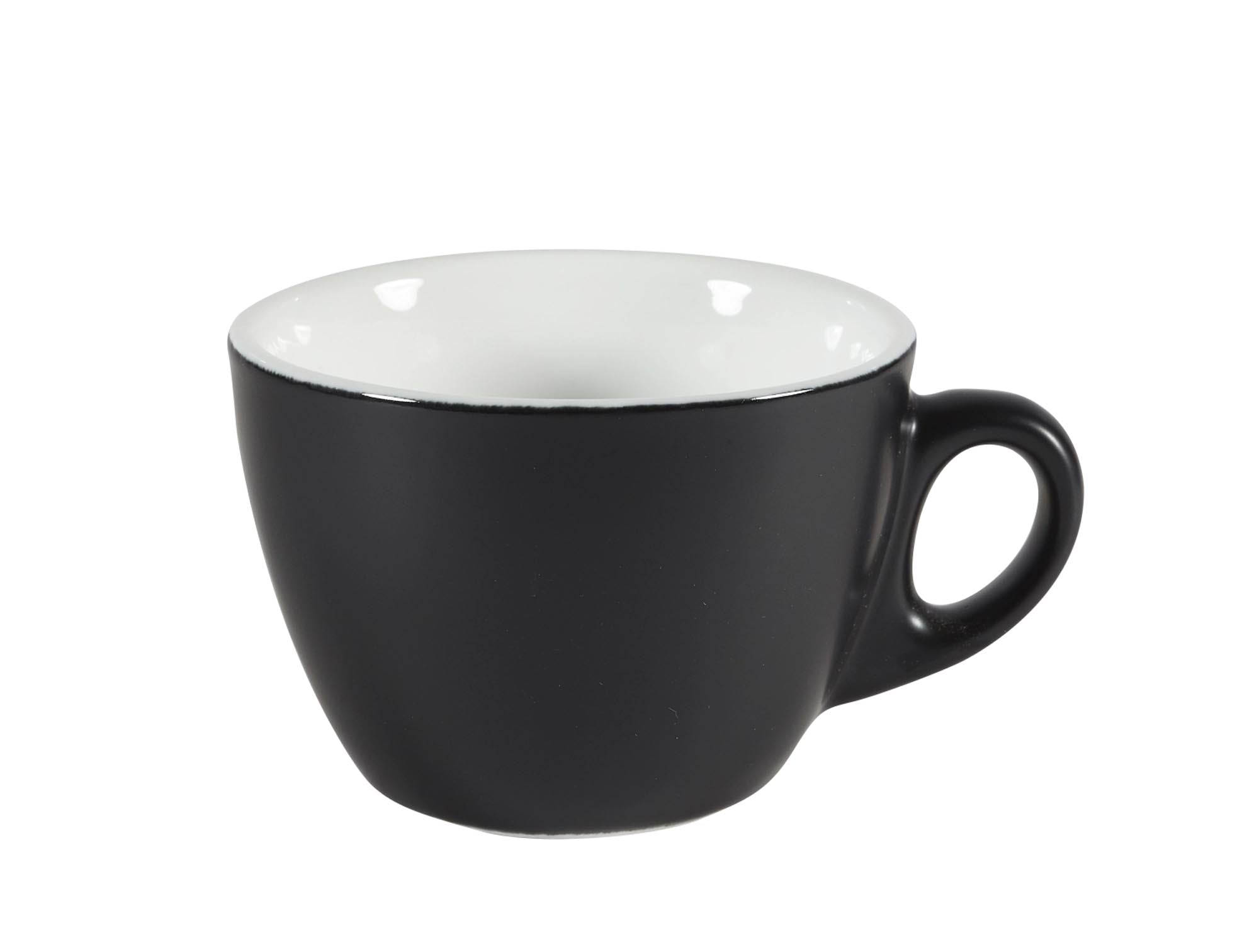 Elegante, matte Porzellantasse in Aschschwarz, 19,9cl, ideal für Kaffee/Tee, spülmaschinenfest, mikrowellengeeignet.