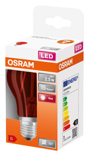 Energieeffiziente OSRAM LED-Lampe Star Classic A Décor E27, 2.5W, 235lm, klare rote Ausführung. Ideal für stilvolle Innen- und Außenbeleuchtung.