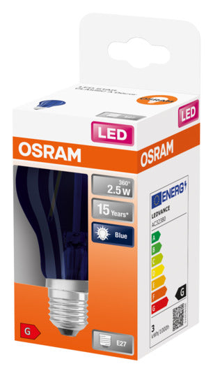 Energieeffiziente OSRAM LED-Lampe Star Classic A Décor E27, 2.5W, 235lm, klar in Blau. Ideal für Innen- und Außenbeleuchtung, langlebig und umweltfreundlich.