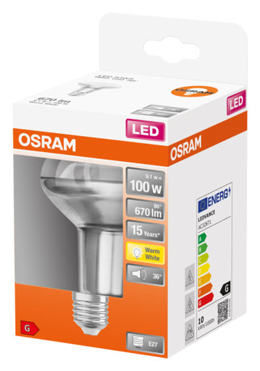 Energieeffiziente OSRAM LED-Lampe Star R80 E27, 9.1W, 670lm, warmweiß. Langlebig, sofort hell, ideal für Wohnräume und Büros.