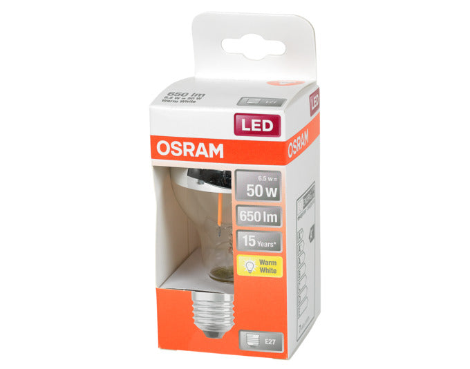 Energieeffiziente OSRAM LED-Lampe E27 6.5W, 650lm, warmweiß. Sofortige Helligkeit, klassisches Design mit verspiegelter Oberfläche.