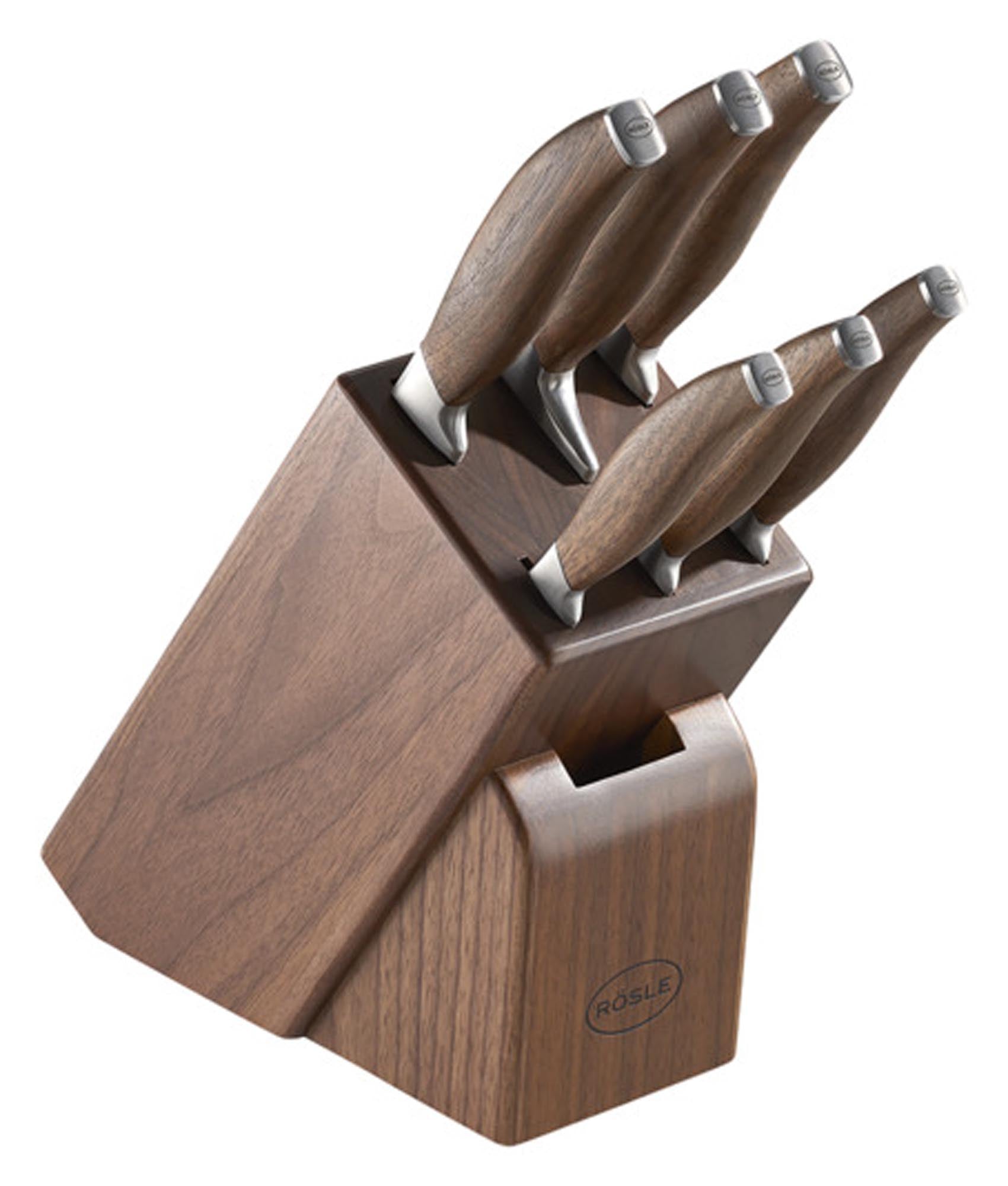 Entdecken Sie den RÖSLE Messerblock Walnuss 7-teilig: edles Design, hochwertige Edelstahlmesser, sichere Aufbewahrung und pflegeleicht. Ideal für jede Küche!