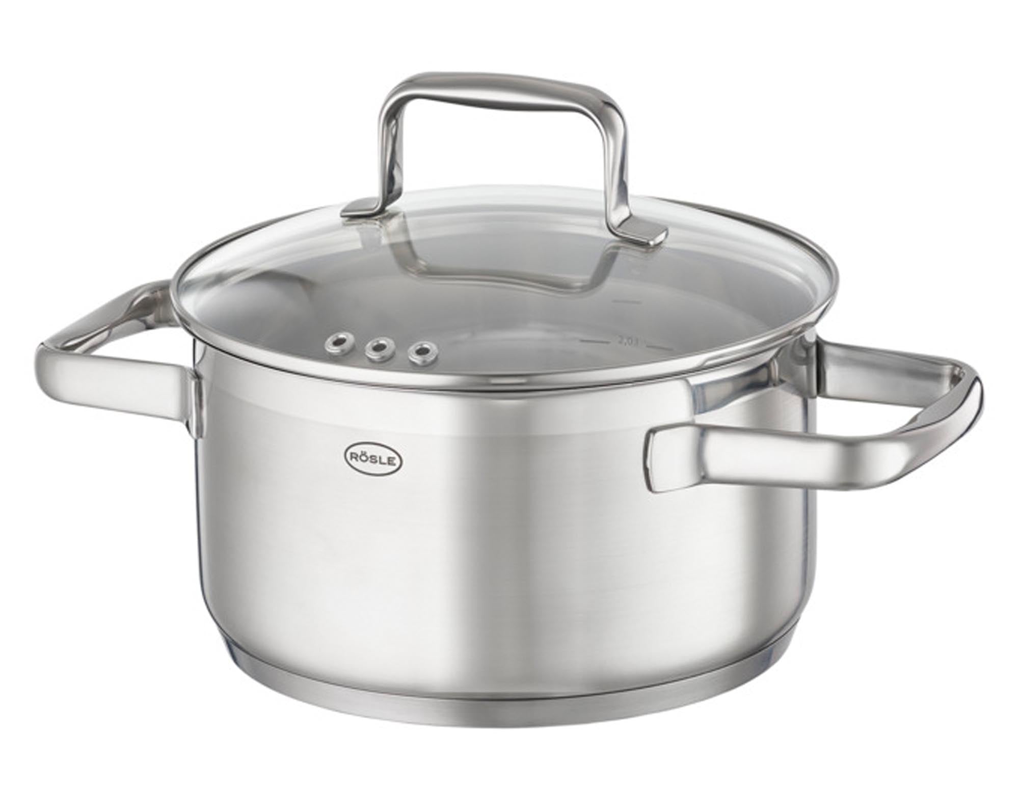 Eleganter RÖSLE Kochtopf ø 24 cm aus Edelstahl mit Glasdeckel, ideal für Eintöpfe, Pasta und Gemüse. Robust, langlebig, spülmaschinenfest.