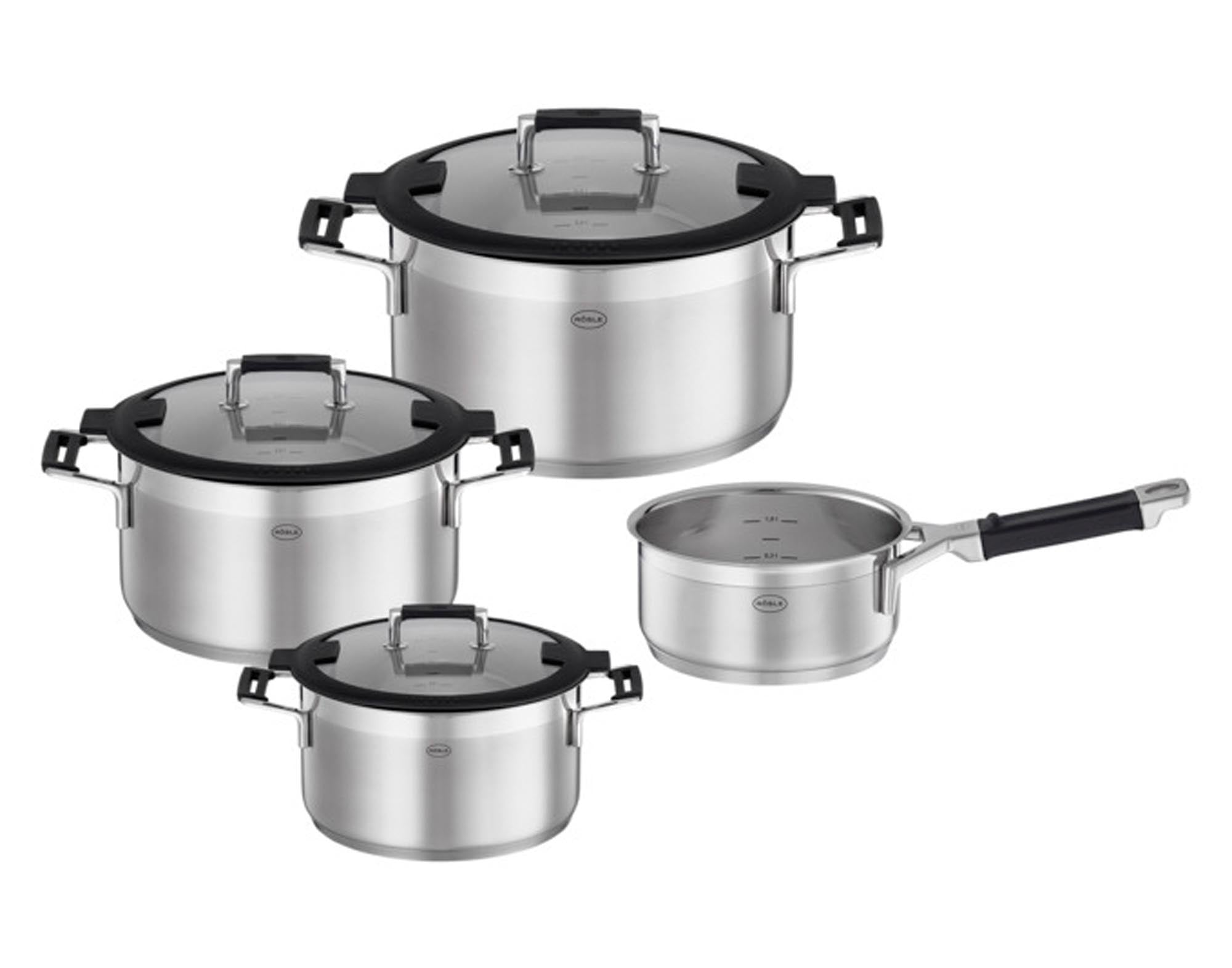 Entdecken Sie das RÖSLE Topfset SilencePro: 4-teilig, aus hochwertigem Edelstahl, mit innovativem Glasdeckel und Antihaftbeschichtung für entspanntes Kochen.