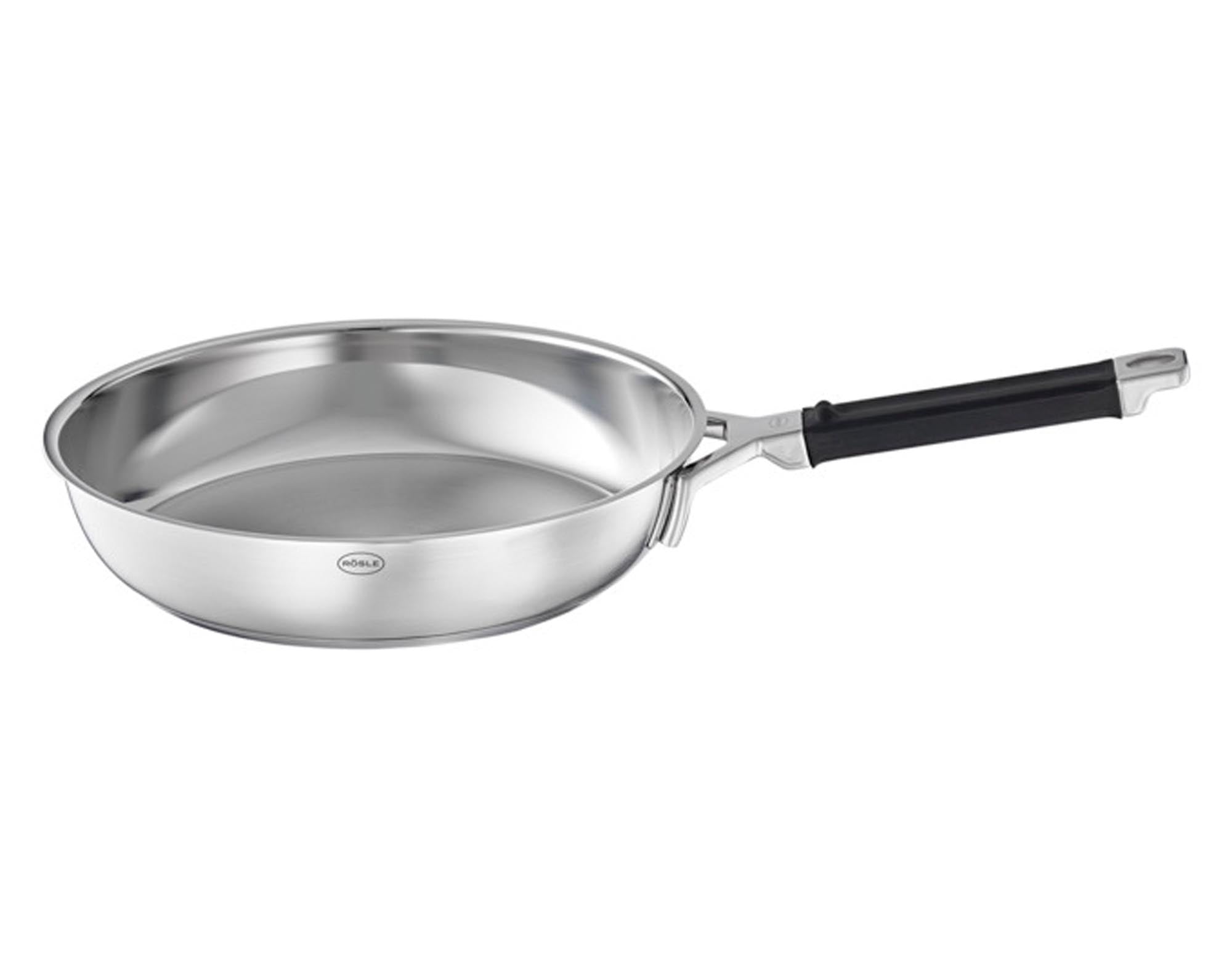 Entdecken Sie die RÖSLE Bratpfanne SilencePro Inox ø 28 cm: Edelstahl, Antihaftbeschichtung, geräuschdämpfend, ergonomische Griffe – ideal für alle Herdarten!