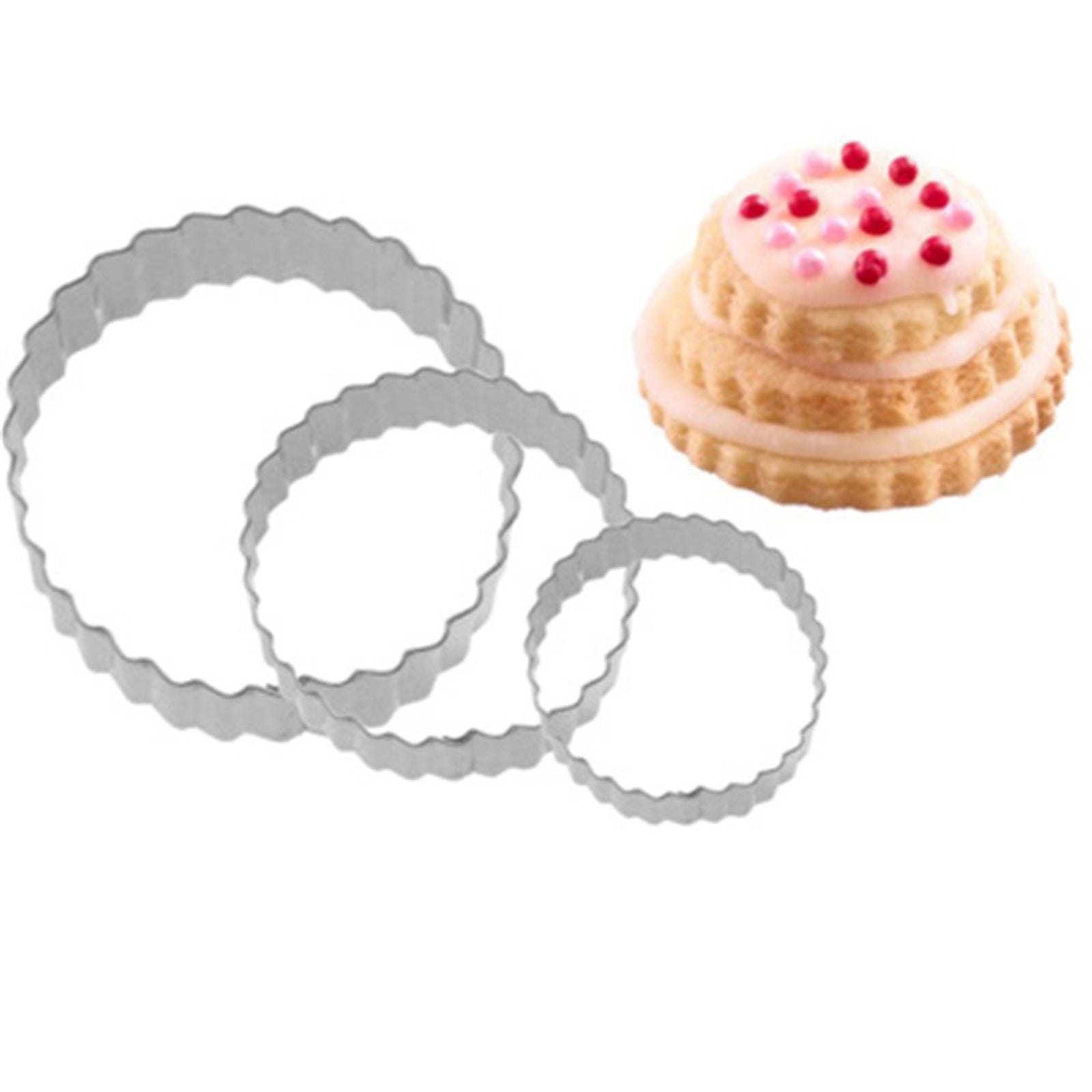 Set mit 3 gewellten Ausstechformen von Westmark, perfekt für Terrassenkekse, Durchmesser 4, 5, 6 cm, robust und vielseitig einsetzbar.