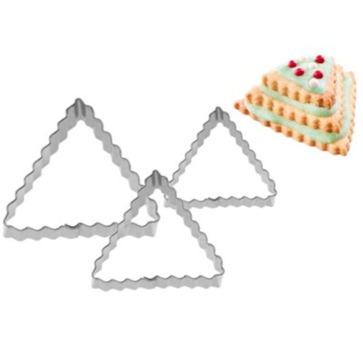 Drei gewellte Ausstechformen in Dreiecksform (4, 5, 6 cm) von Westmark, ideal für das kreative Gestalten von Gebäck und Teigstücken.