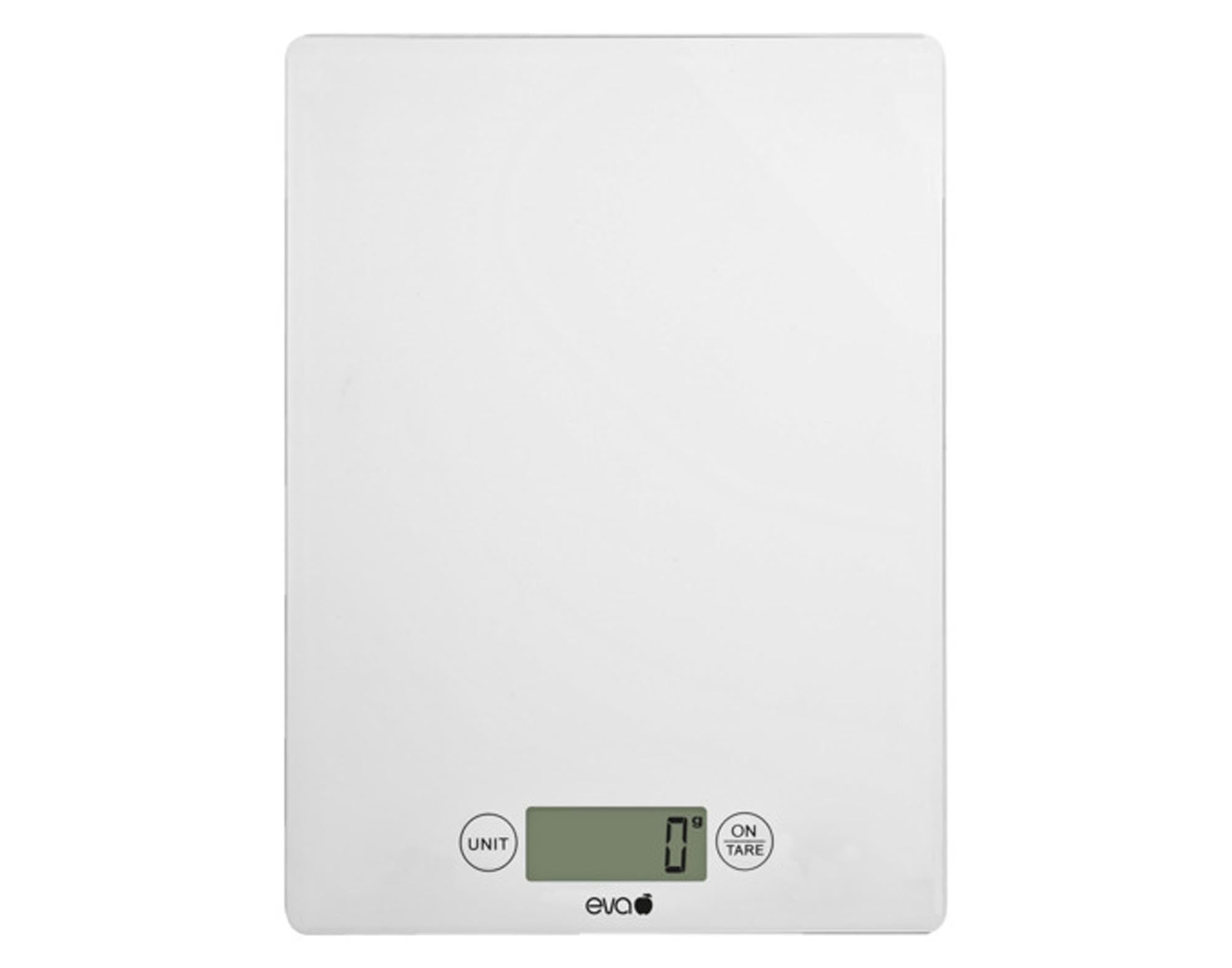 EVA Küchenwaage digital aus Glas, 5 kg Tragkraft, elegante und präzise Messungen, benutzerfreundliche LCD-Anzeige, ideal für moderne Küchen.