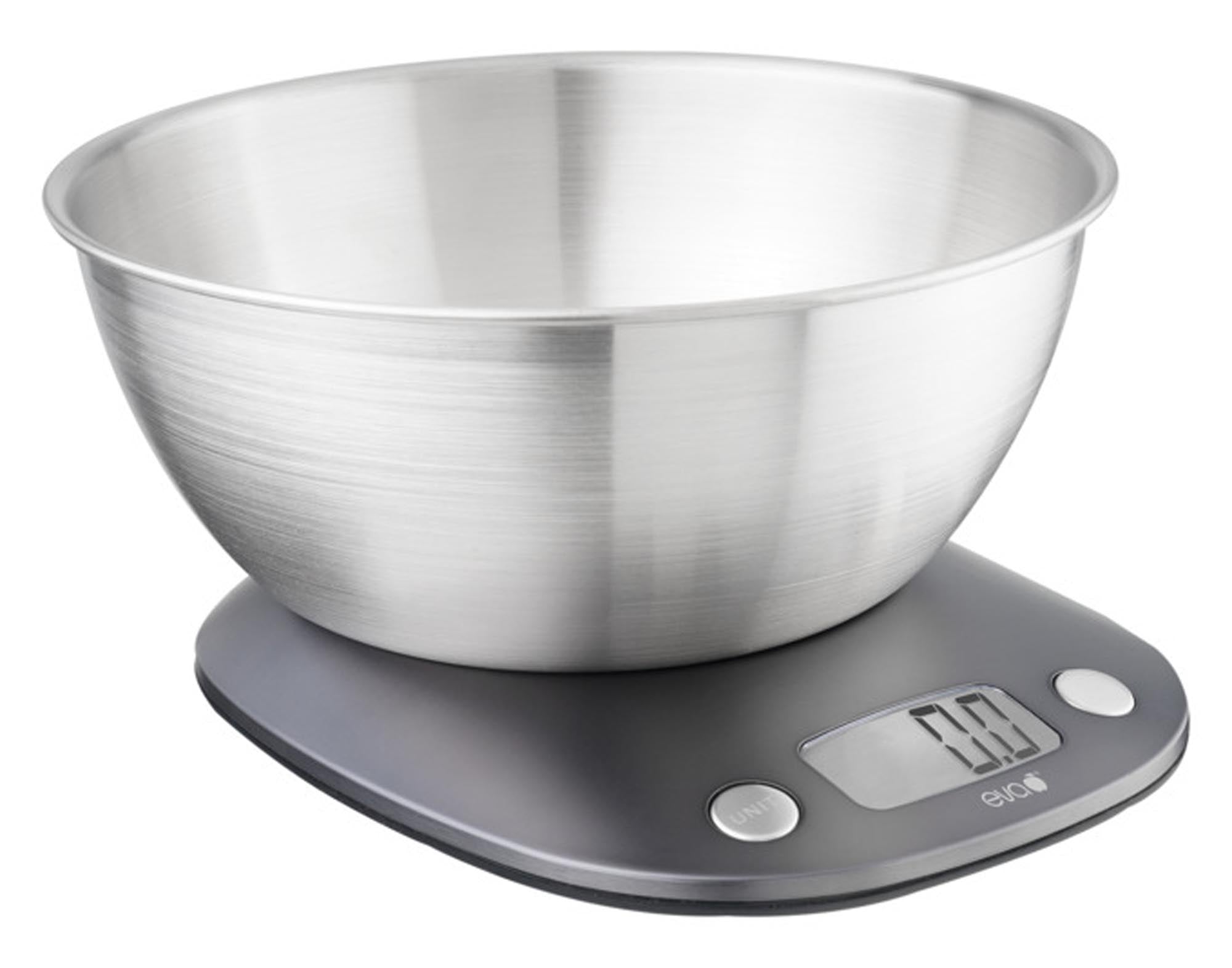 Entdecken Sie die elegante EVA Küchenwaage mit Schale, digital und präzise bis 5 kg. Ideal für Kochen und Backen, hygienisch und energieeffizient.