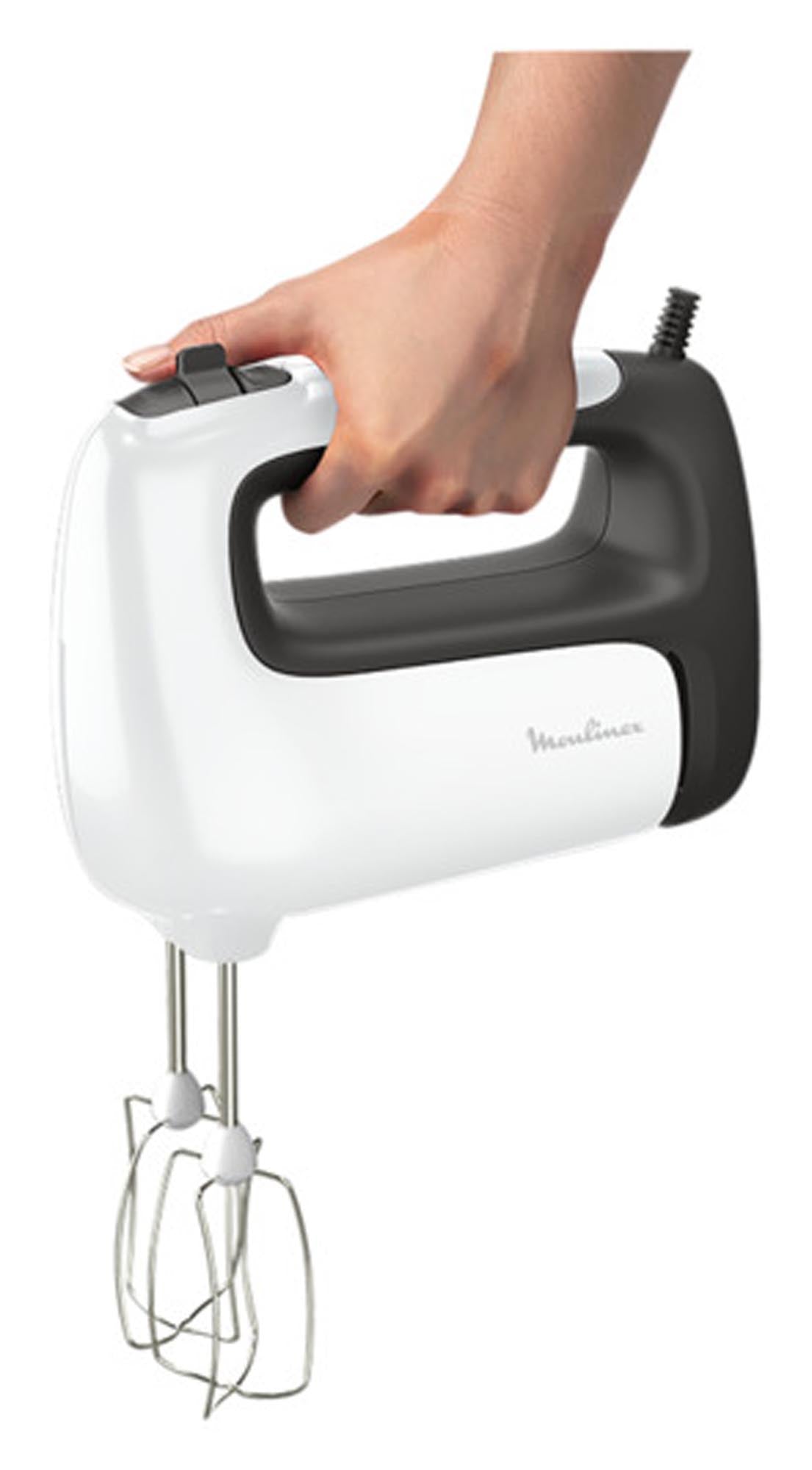 Vielseitiger Handmixer von MOULINEX mit 5 Geschwindigkeitsstufen, Turbo-Funktion, ergonomischem Design und langlebigem Edelstahlzubehör für müheloses Kochen.