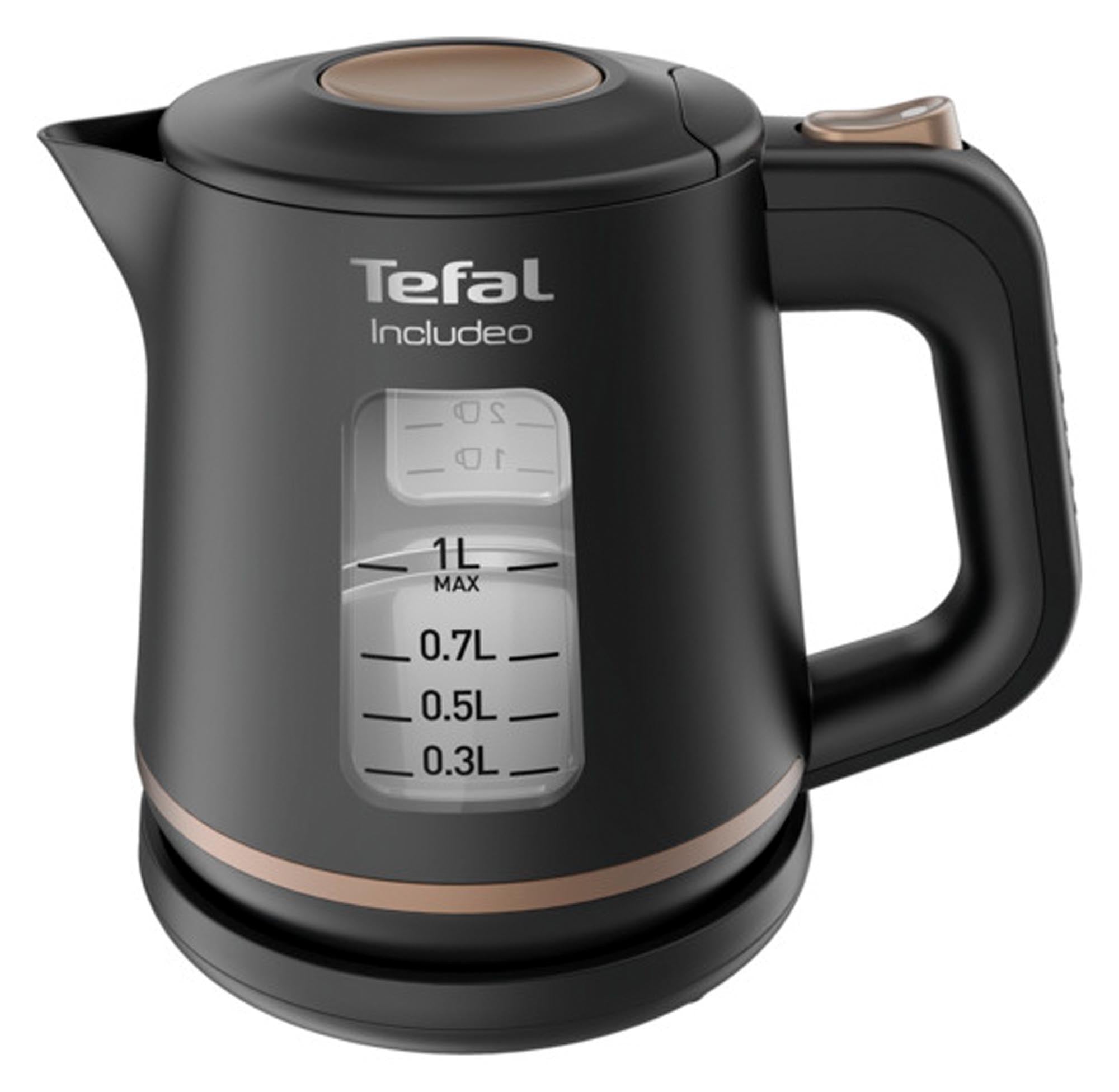 TEFAL Wasserkocher Includeo 1l in Schwarz: kompakt, BPA-frei, 2200 Watt, 360-Grad-Basis, ideal für Tee und Kaffee. Effizient und stilvoll!