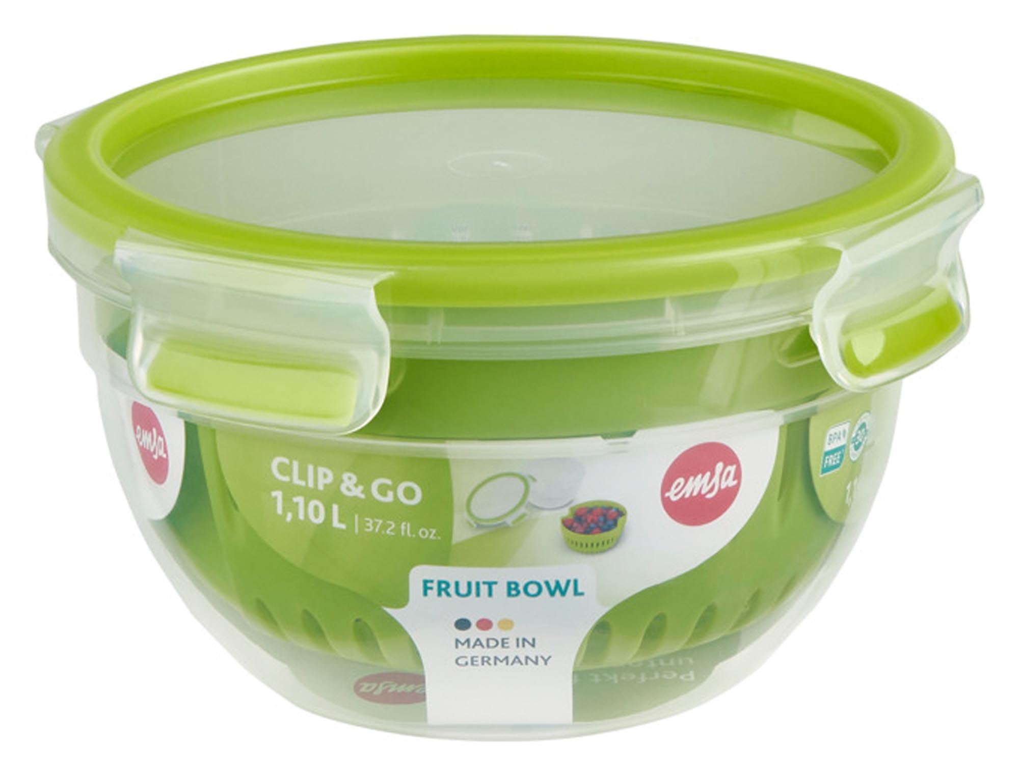 Die EMSA Clip & Go Fruit Bowl 1.1 l: BPA-frei, luftdicht, transparent, spülmaschinenfest – ideal für frische Snacks unterwegs.