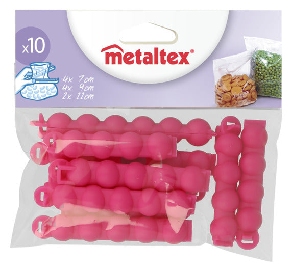 Praktische METALTEX Beutel-Clips im Set mit 10 Clips in verschiedenen Größen und Farben. Ideal zum Frischhalten von Lebensmitteln und für die Küche.
