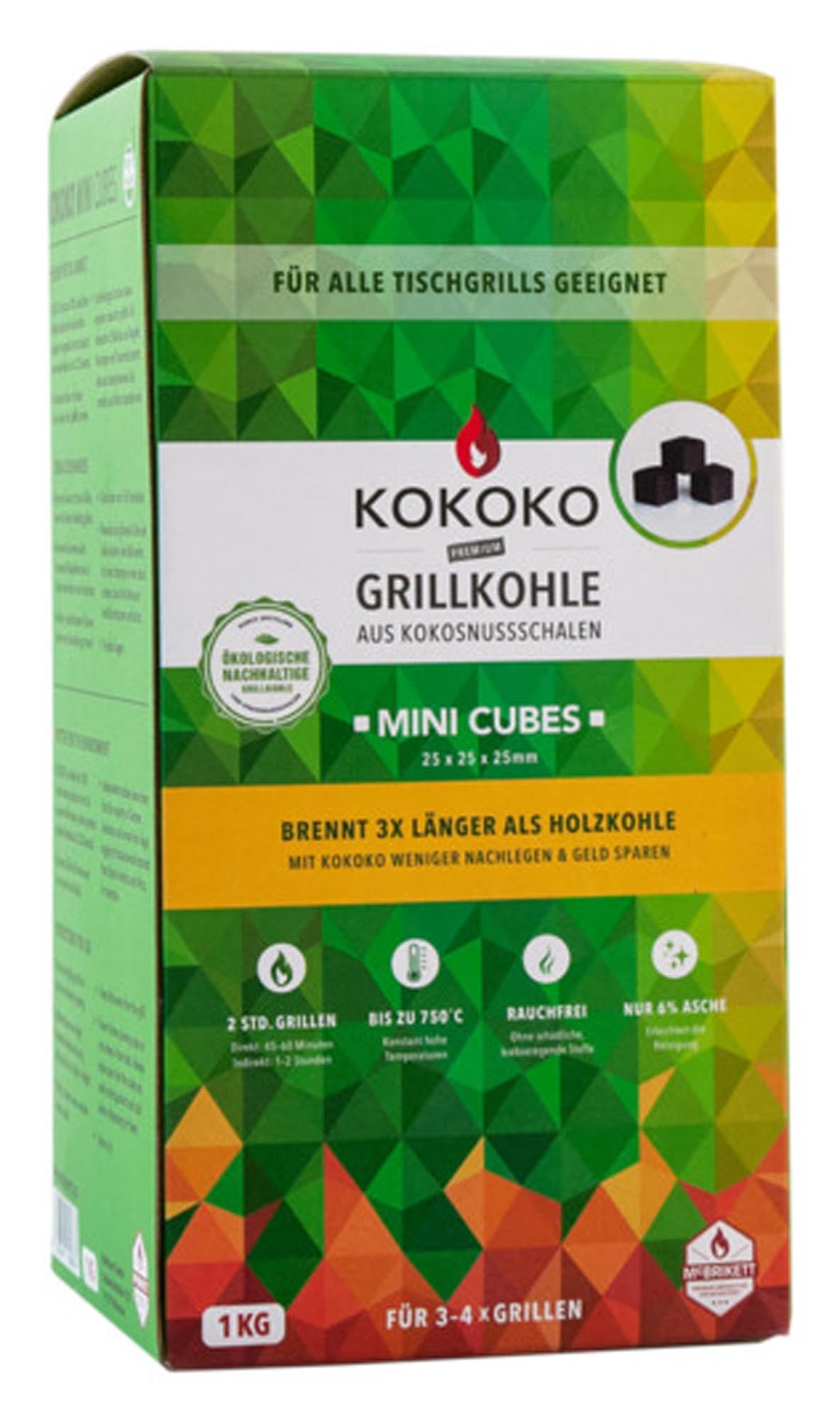 Entdecken Sie die MCBRIKETT Grillkohle Kokoko Mini Cubes 1 kg – perfekte Holzkohle für gleichmäßige Hitze, unverfälschten Grillgeschmack und Flexibilität beim Grillen!