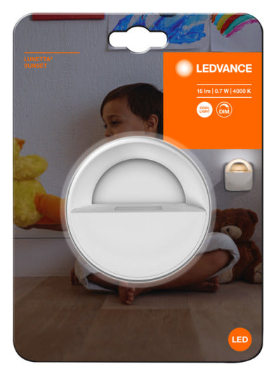 Entdecken Sie das LEDVANCE LED-Nachtlicht Lunetta 0.6W 15lm in neutralem Weiß – ideal für eine sanfte Beleuchtung im Kinderzimmer oder Flur.