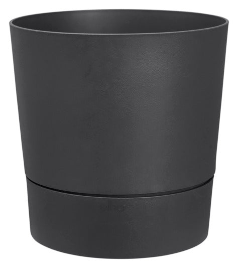 Elegantes, rundes Pflanzengefäss (ø 35 cm) aus recyceltem Kunststoff mit integriertem Bewässerungssystem und UV-Beständigkeit.