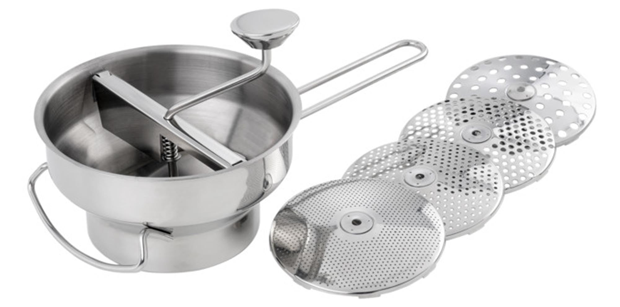 EVA Passiergerät mit 4 Scheiben: vielseitig, ergonomisch, aus Edelstahl. Ideal für Pürees, Saucen und Babynahrung. Jetzt entdecken!