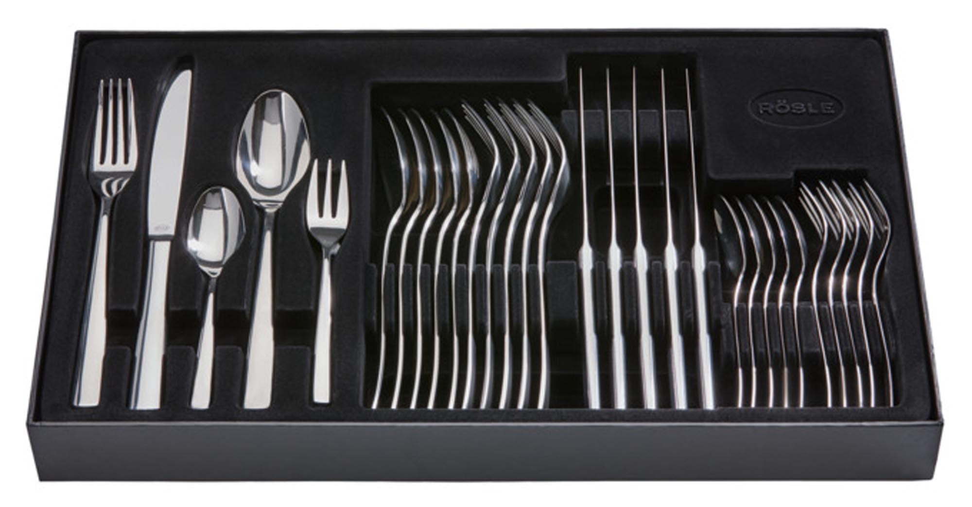 Elegantes 30-teiliges Edelstahl-Besteckset von RÖSLE: zeitlos, funktional, spülmaschinenfest, ideal für 6 Personen.