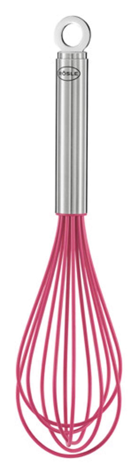 Entdecken Sie den RÖSLE Schneebesen mit 12 Drähten und pinkem Silikon-Griff. Ideal zum Aufschlagen von Eiern und Sahne, spülmaschinenfest und ergonomisch.