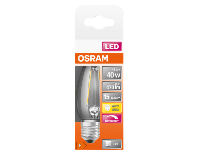 Entdecken Sie die OSRAM LED-Lampe Retrofit Classic B E27 4.8W mit 470lm, dimmbar und warmweiß. Ideal für energieeffiziente Beleuchtung im klassischen Design.