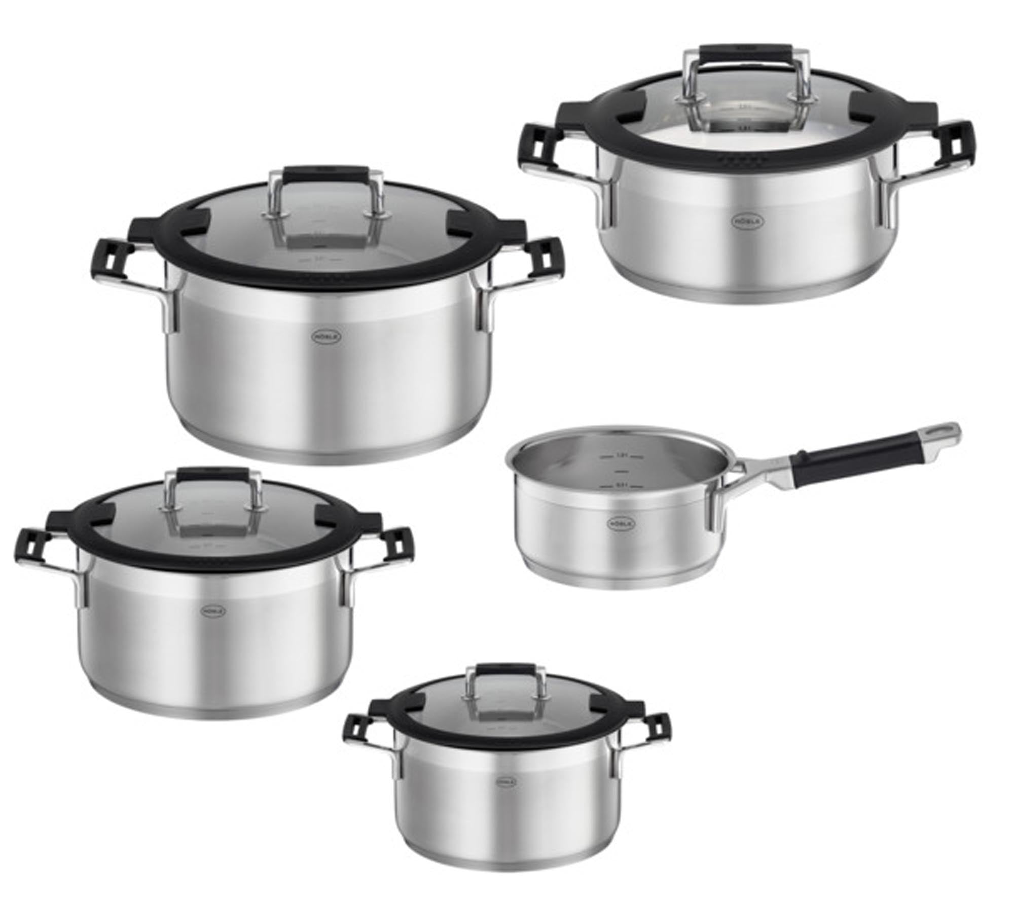 Entdecken Sie das RÖSLE SilencePro Topfset 5-teilig: hochwertiger Edelstahl, Antihaftbeschichtung, hitzebeständige Glasdeckel, für alle Herdarten.