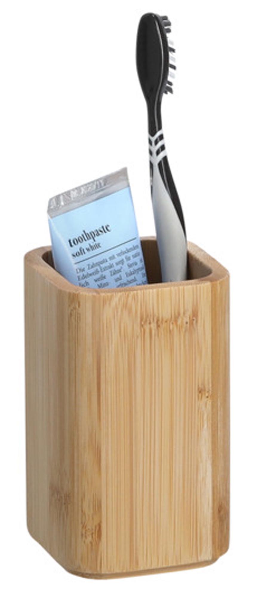 Eleganter Zahnputzbecher aus nachhaltigem Bambus, 7x7x11.4 cm, von ZELLER PRESENT. Robust, langlebig, antibakteriell, pflegeleicht.