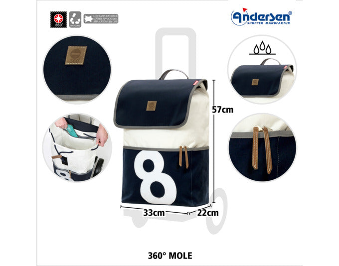 Entdecken Sie den ANDERSEN Marktwagen Royal 360° Mole 8 in Blau – stilvoll, praktisch und umweltfreundlich für alle Lebenslagen.