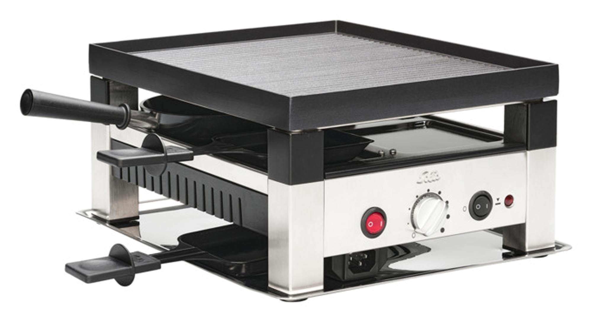 Entdecken Sie den SOLIS Raclettegrill 5in1 Typ 7910 für 4 Personen. Ideal für gesellige Abende, vielseitig mit Grillplatte, Crêpe-Platte und Mini-Woks.
