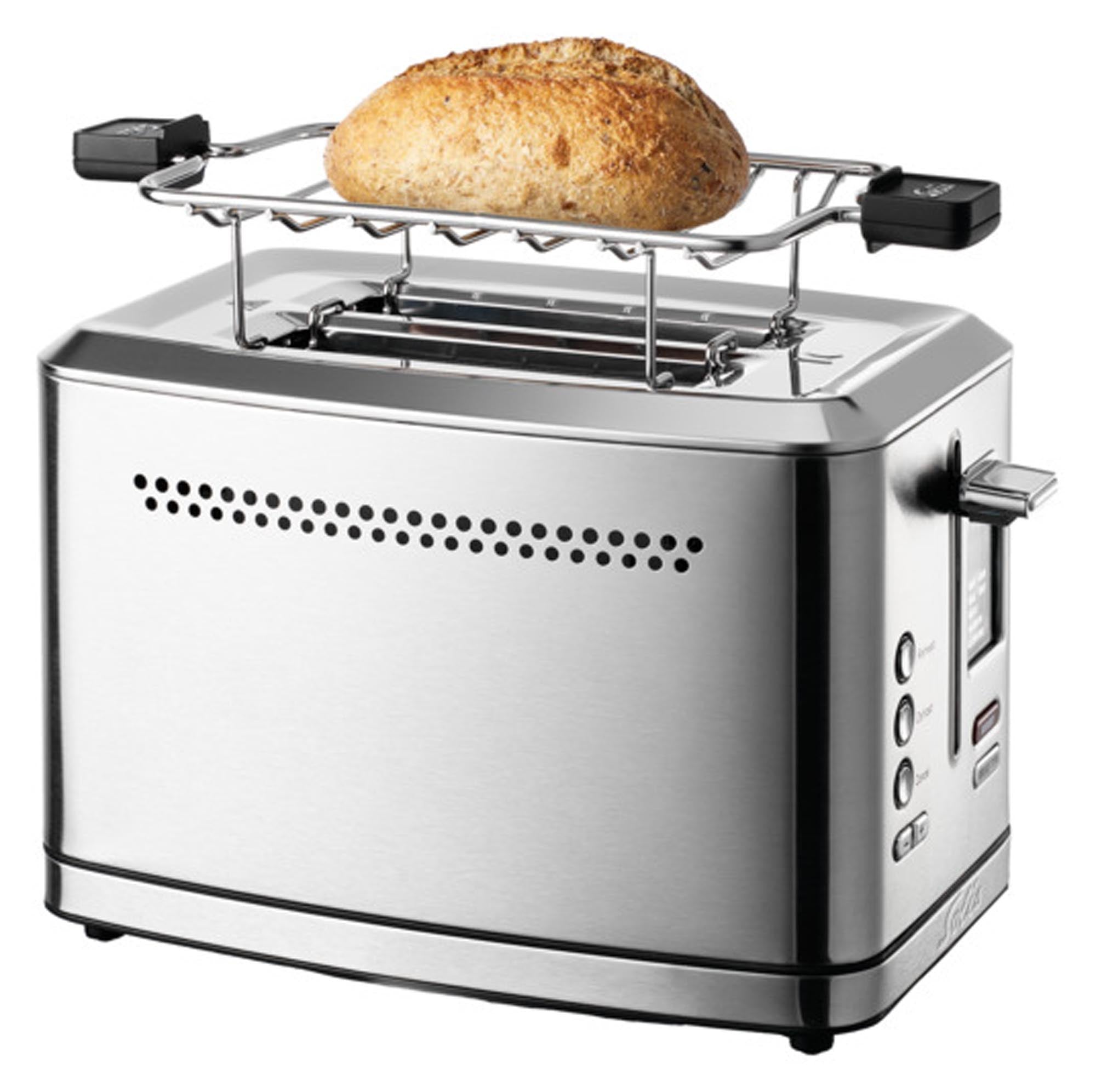 Entdecken Sie den SOLIS Toaster Flex Typ 8004: 7 Bräunungsstufen, extra breite Schlitze, integrierter Brötchenaufsatz und hochwertige Materialien.