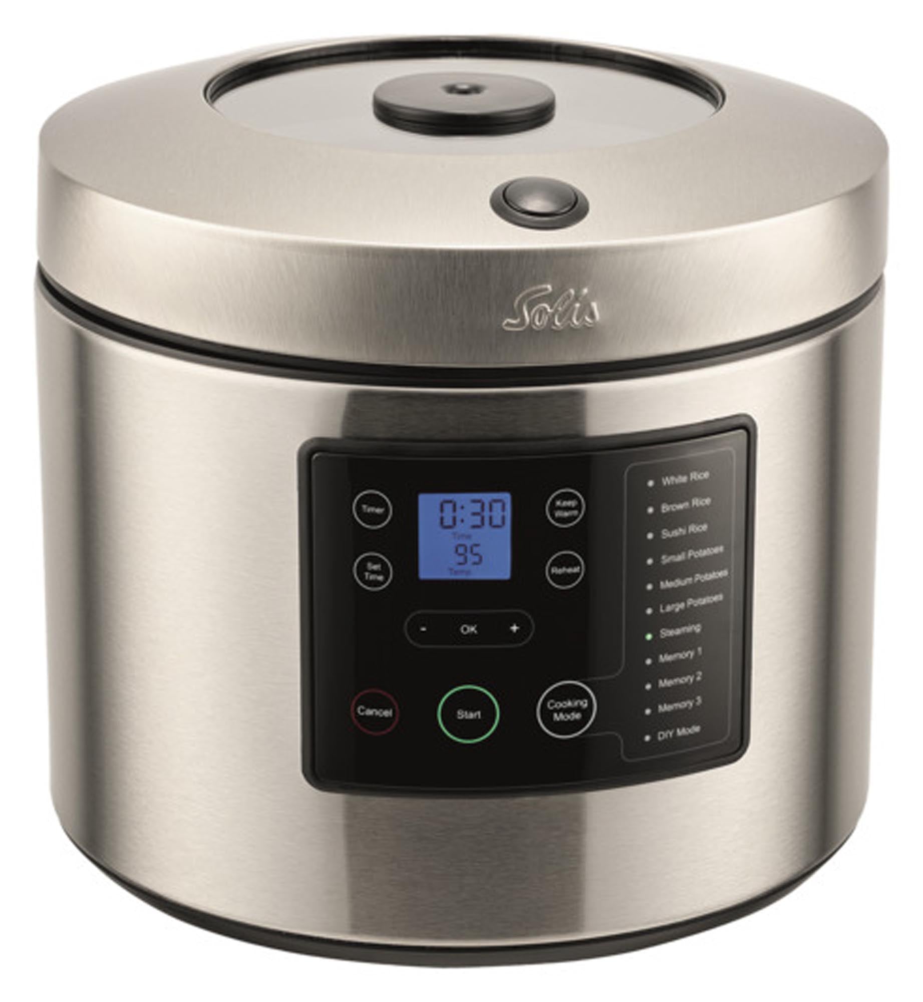Entdecken Sie den SOLIS Reis- und Kartoffelkocher Typ 8161: vielseitig, 1,8 Liter, Edelstahl, antihaftbeschichtet, optimale Kochprogramme, kompakt.