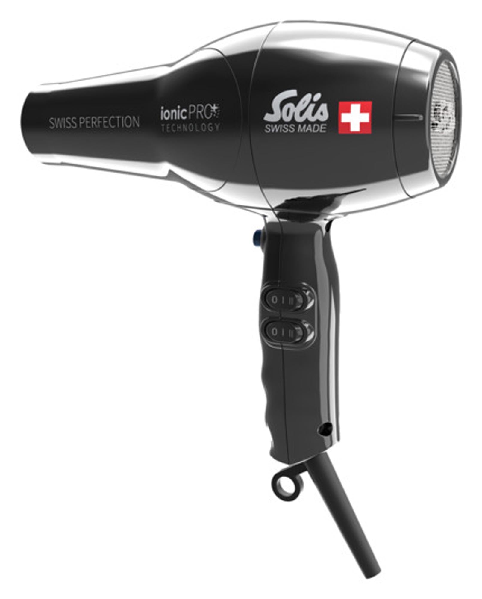 Eleganter SOLIS Haartrockner Swiss Perfection 360°ionic Pro Typ 440 in Schwarz, ideal für professionelles Styling und Pflege.