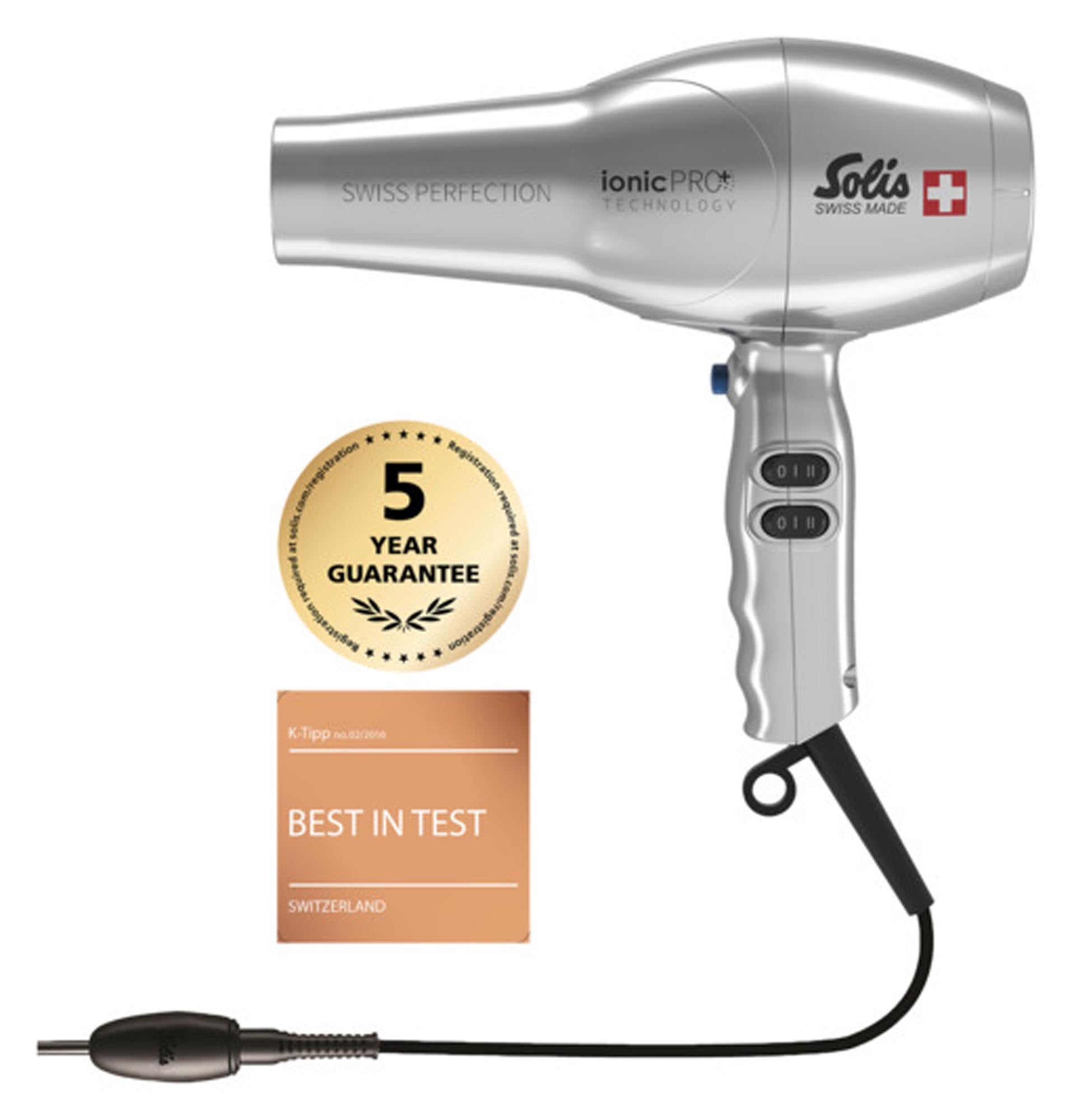 Entdecken Sie den SOLIS Haartrockner Swiss Perfection 360°ionic Pro Typ 440 in Silber. Professionelle Haarpflege, 360°-Ionentechnologie, 6 Geschwindigkeits- und Temperaturstufen für glänzendes, geschmeidiges Haar.