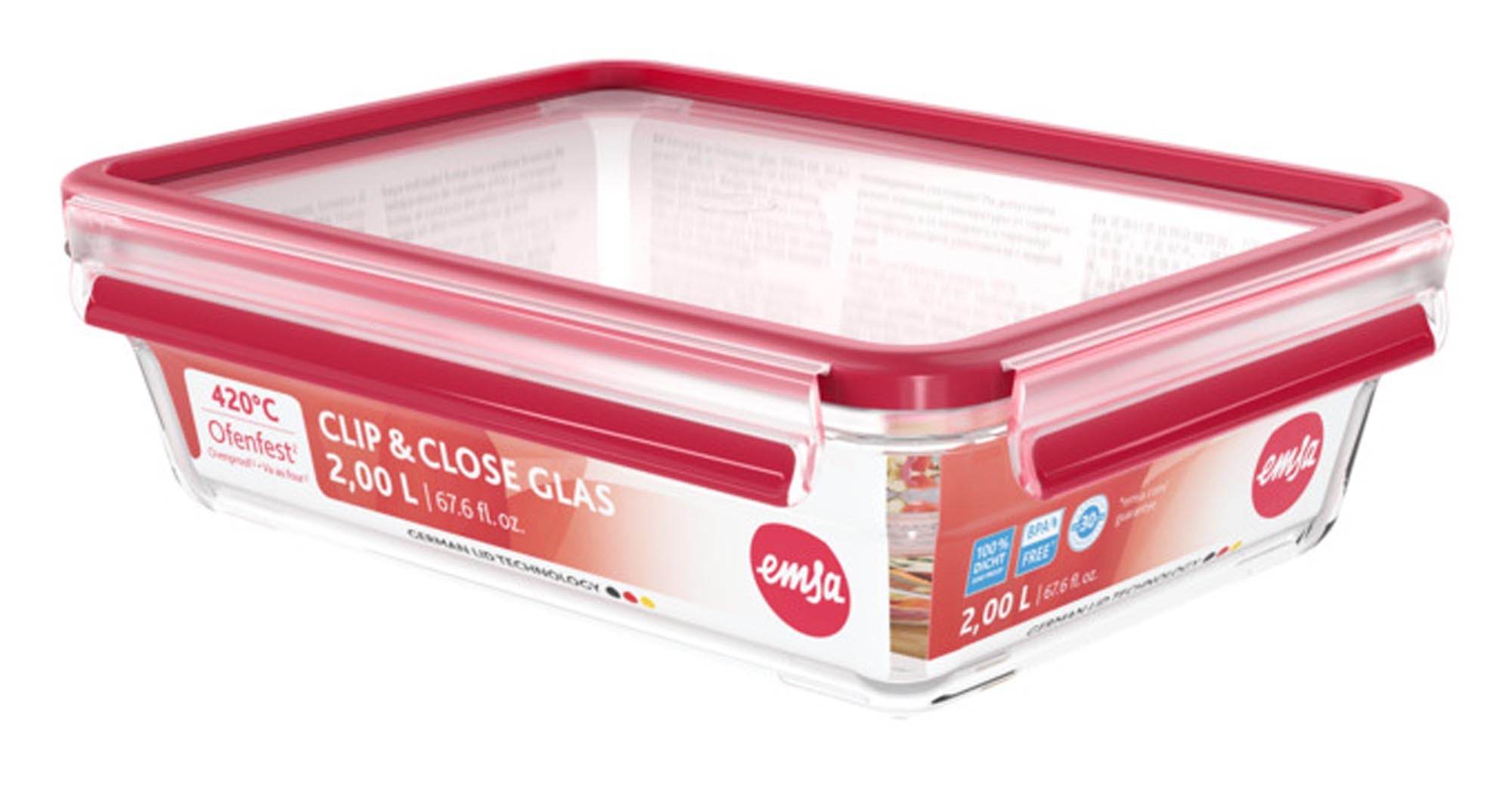 Hochwertige 2.0l Frischhaltedose aus Glas von EMSA mit Clip&Close Verschluss, luftdicht, auslaufsicher, BPA-frei, spülmaschinenfest.