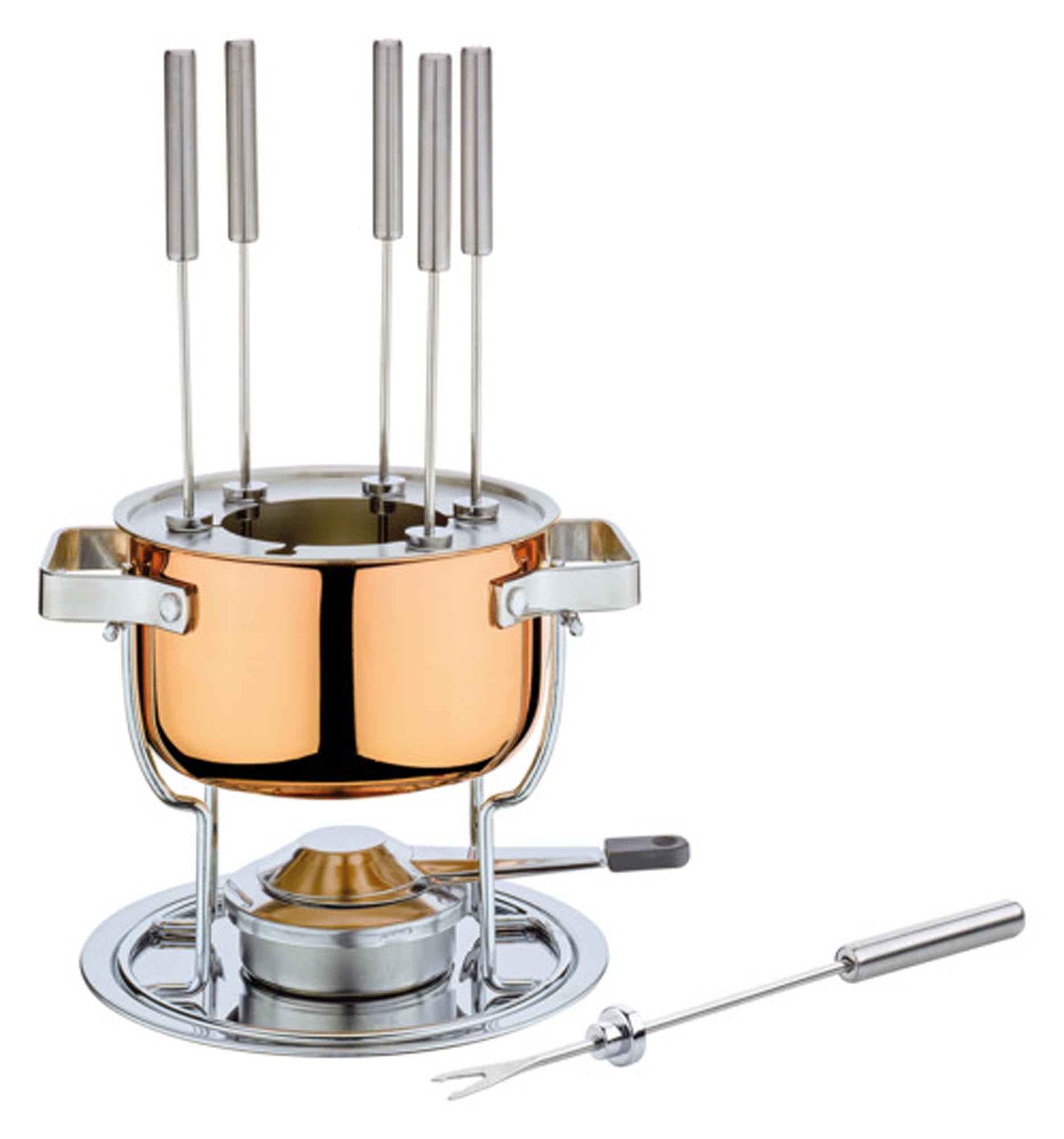 Entdecken Sie die SPRING Fondue-Garnitur Davos Culinox (ø 17 cm) aus Edelstahl – ideal für Käse- und Fleischfondue, langlebig und elegant.