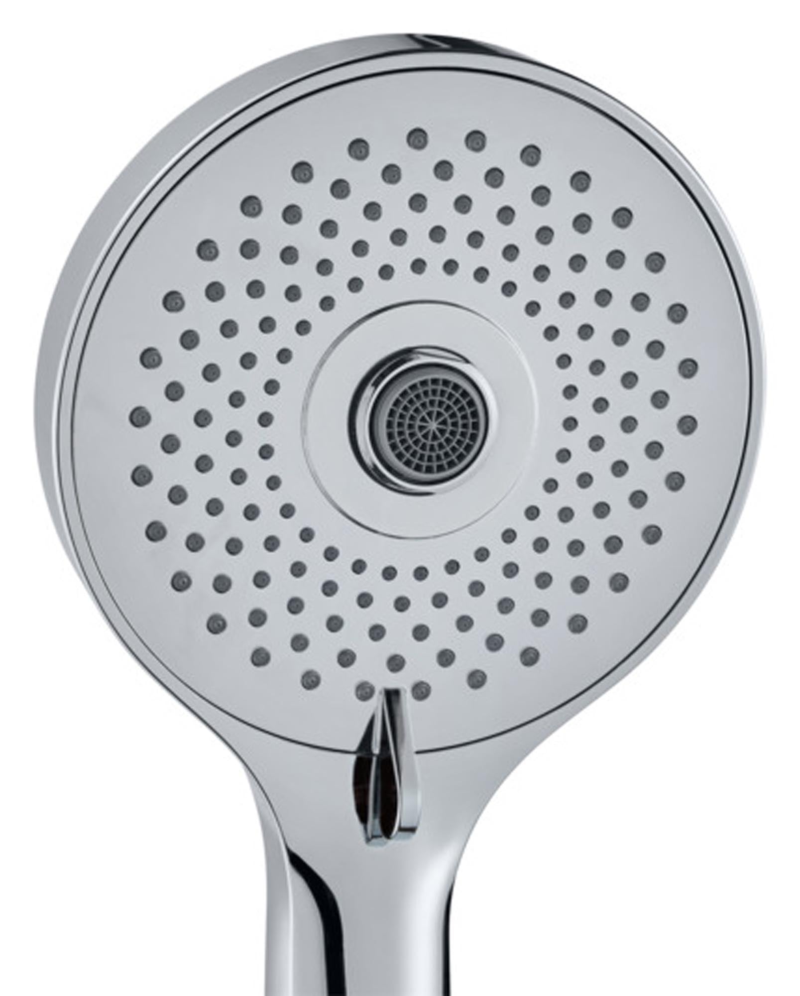 Eleganter DIAQUA Brausegriff Eco Slim Tre: Hochwertiges Messing, Chromoberfläche, schlankes Design, 1/2" Anschluss, Anti-Kalk-Funktion.