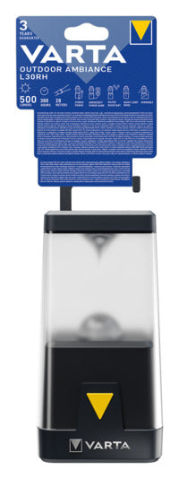 Entdecken Sie die VARTA Campinglampe Outdoor Ambiance L30 RH mit 500 lm – die ideale, wiederaufladbare Beleuchtung für Ihre Abenteuer im Freien.