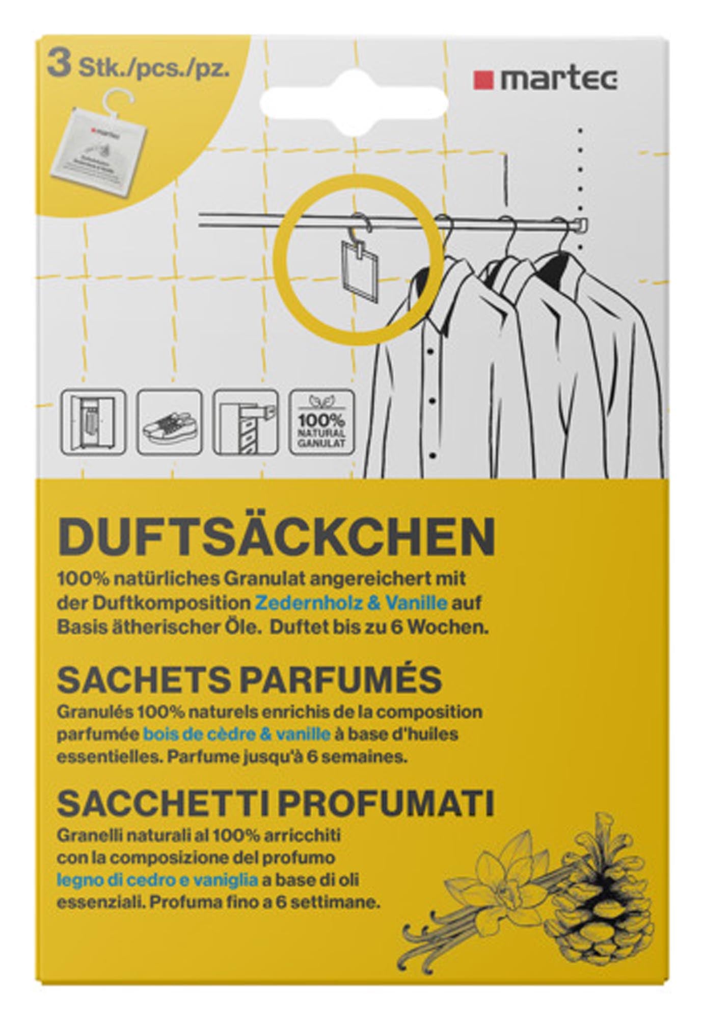 Entdecken Sie die MARTEC Schrankduft 3 Duftsäckchen mit Zedernholz und Vanille. 100% natürliche Frische für Ihren Kleiderschrank!