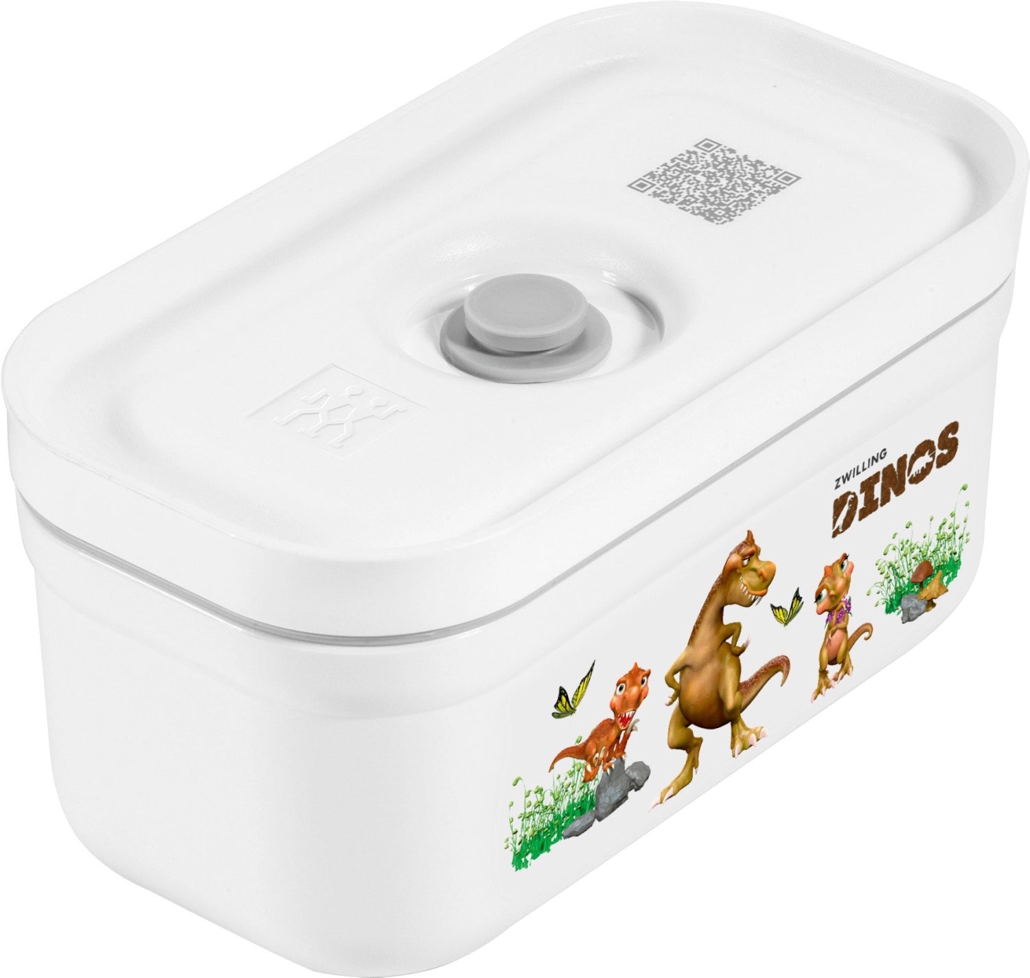 Vakuum-Lunchbox S im niedlichen Dino-Design, aus langlebigem Kunststoff, perfekt für Kinder, mit 0.5L und handlichen Abmessungen von 15.6x8.7x7.7 cm.