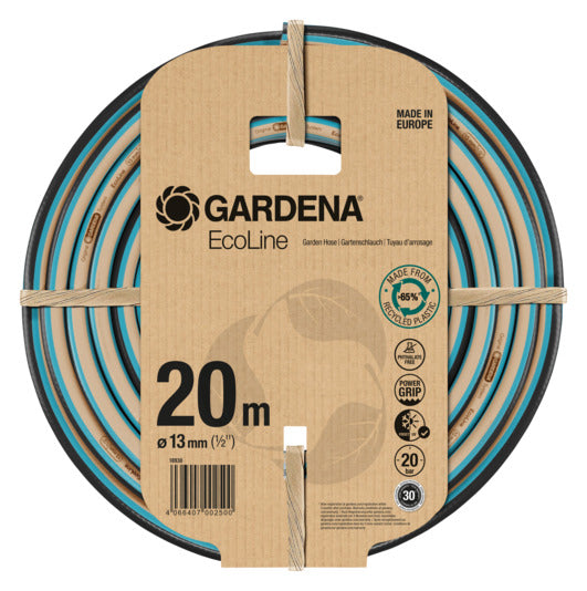 GARDENA EcoLine Schlauch 1/2", 20m, nachhaltig aus recyceltem Material, robust, flexibel, ideal für Gartenbewässerung.