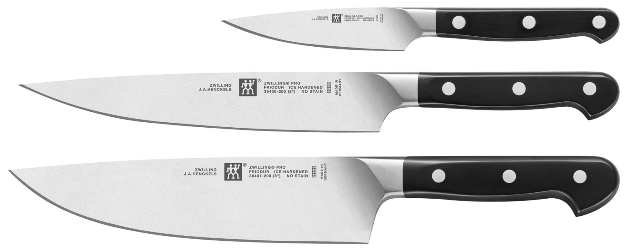 Entdecken Sie das Zwilling Pro Messerset (3-tlg.) mit Spick-, Fleisch- und Kochmesser. Hochwertige Klingen aus rostfreiem Stahl für präzises Schneiden.