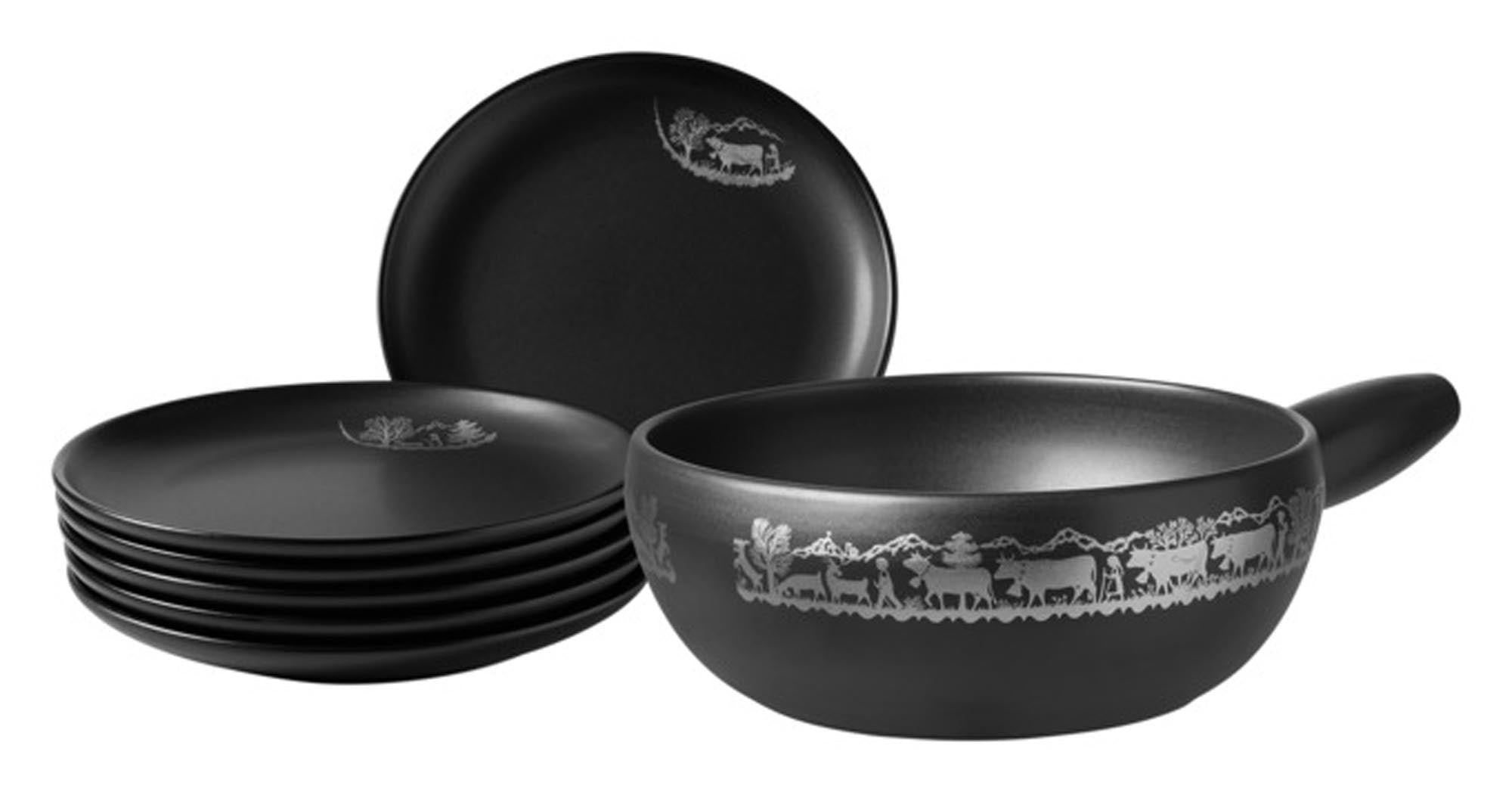 Entdecken Sie die STÖCKLI Fonduegarnitur Alpaufzug mit 6 robusten Tellern (ø 23 cm) für unvergessliche Fondue- und Raclette-Abende.