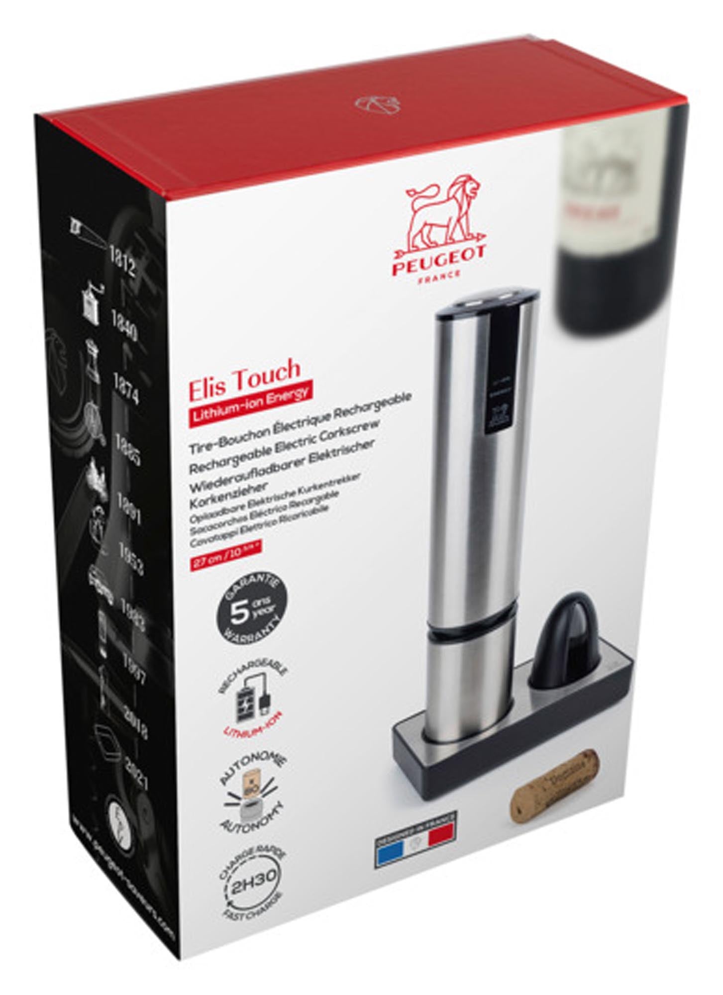Der elektrische Korkenzieher Elis Touch von PEUGEOT: Stilvolles Design, ergonomisch, leistungsstark, ideal für Weinliebhaber.