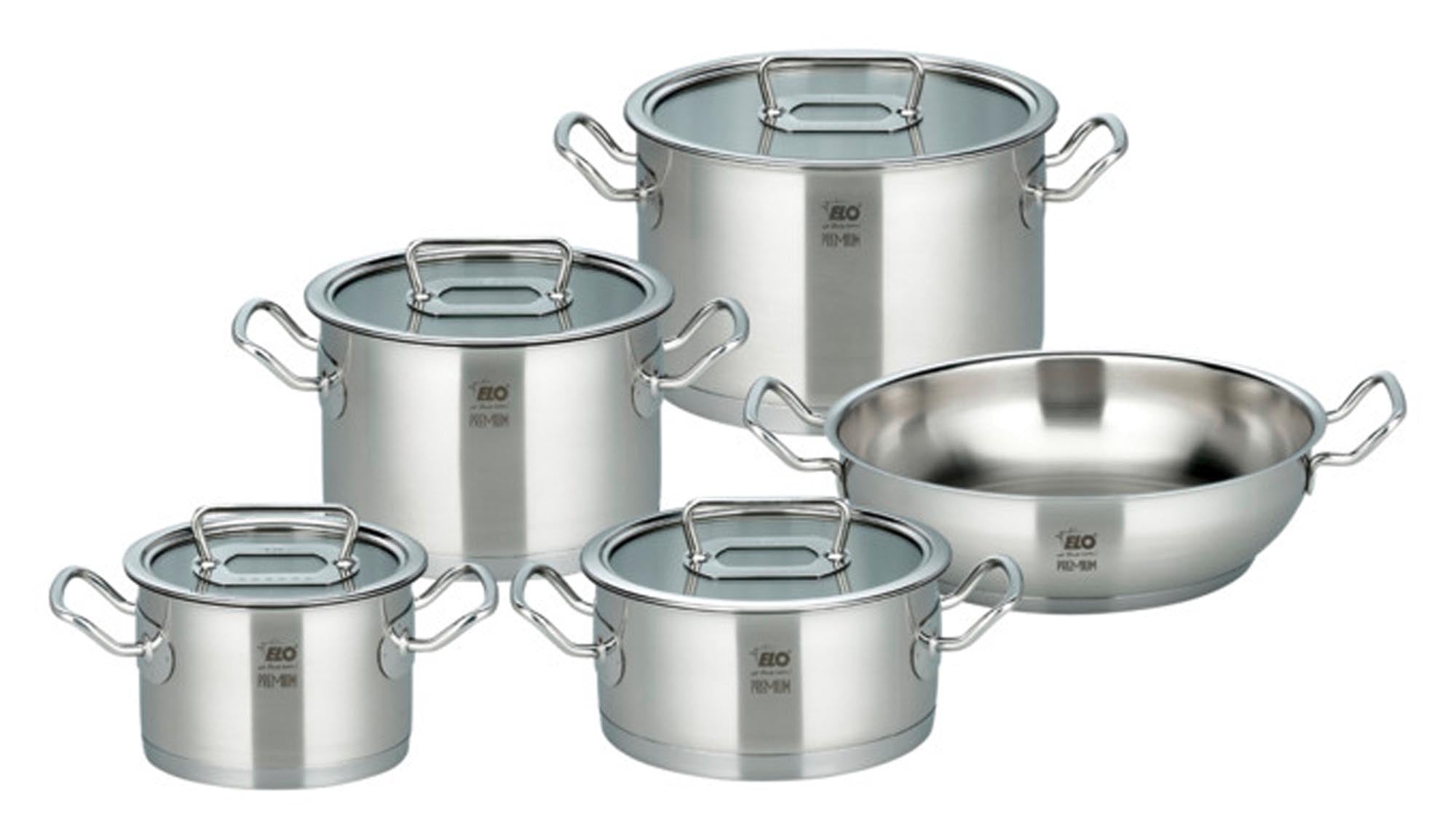 Entdecken Sie das ELO Topfset Gourmet Plus 5-teilig: Hochwertiger Edelstahl, hervorragende Wärmeleitfähigkeit, ergonomisches Design – ideal für moderne Küchen!