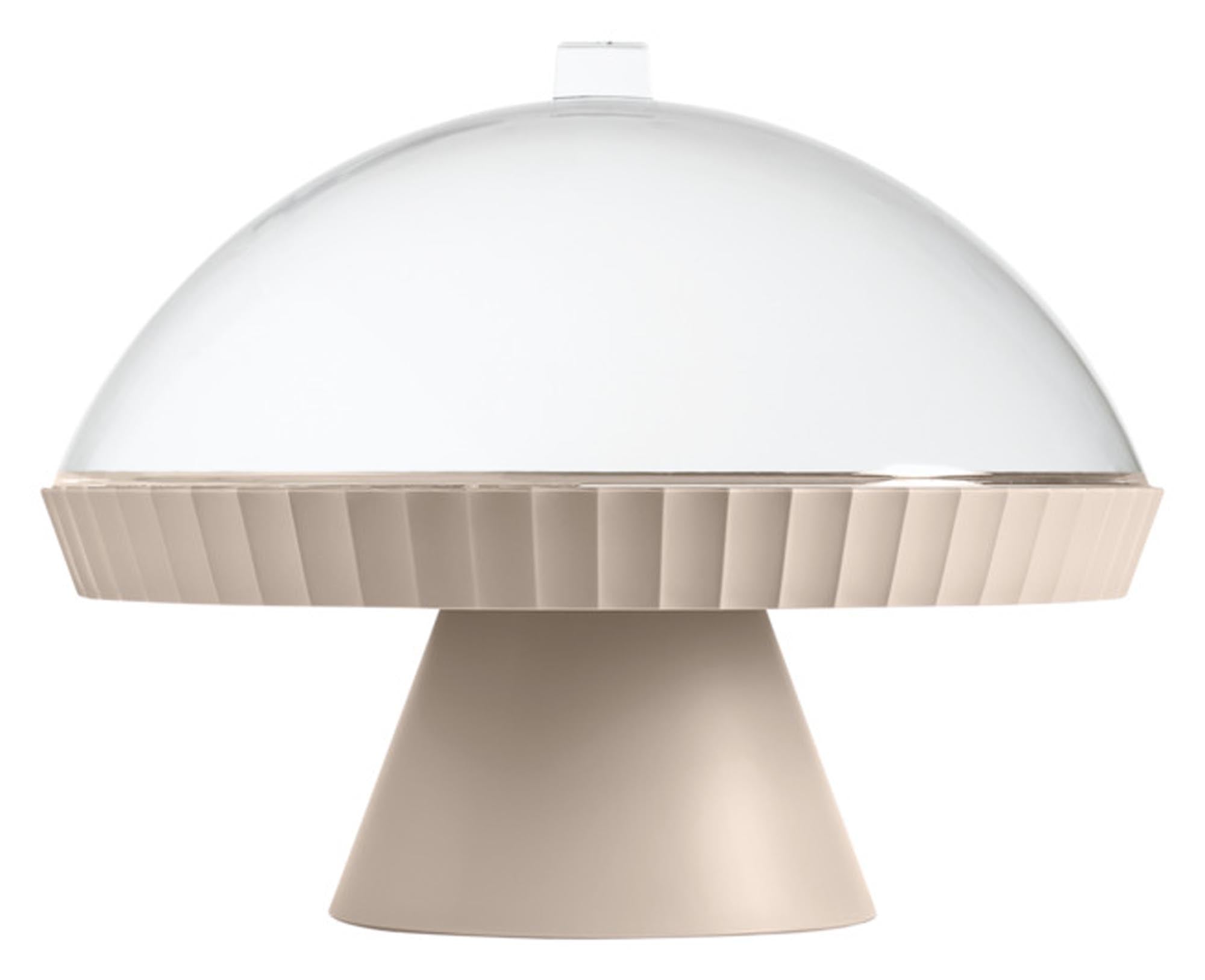 Entdecken Sie die elegante BLIM PLUS Schale auf Fuß Agora mit Haube und Kuchenheber in moka grey. Ideal für Torten und Kuchen, spülmaschinenfest und stilvoll!