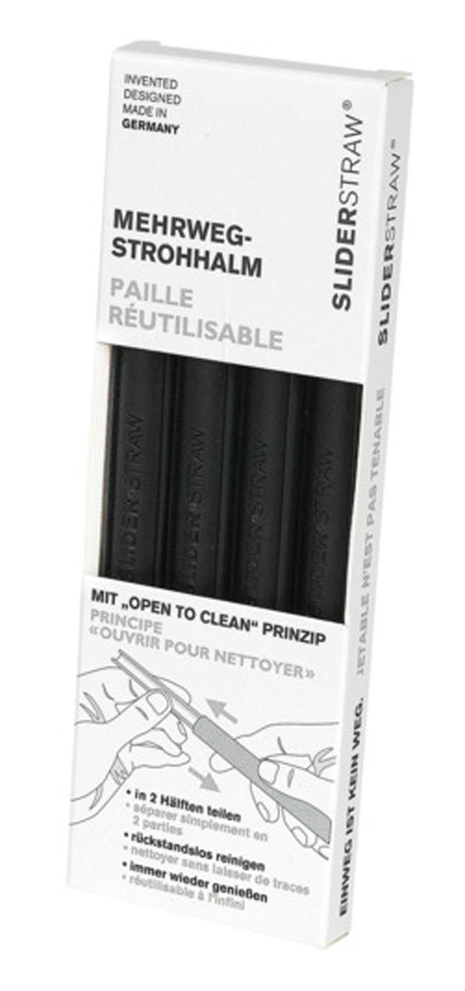 Entdecken Sie die SLIDER STRAW Trinkhalme in Schwarz! 4 Stück, 15 cm, aus lebensmittelechtem Silikon, spülmaschinenfest, umweltfreundlich und perfekt für Cocktails und Getränke.