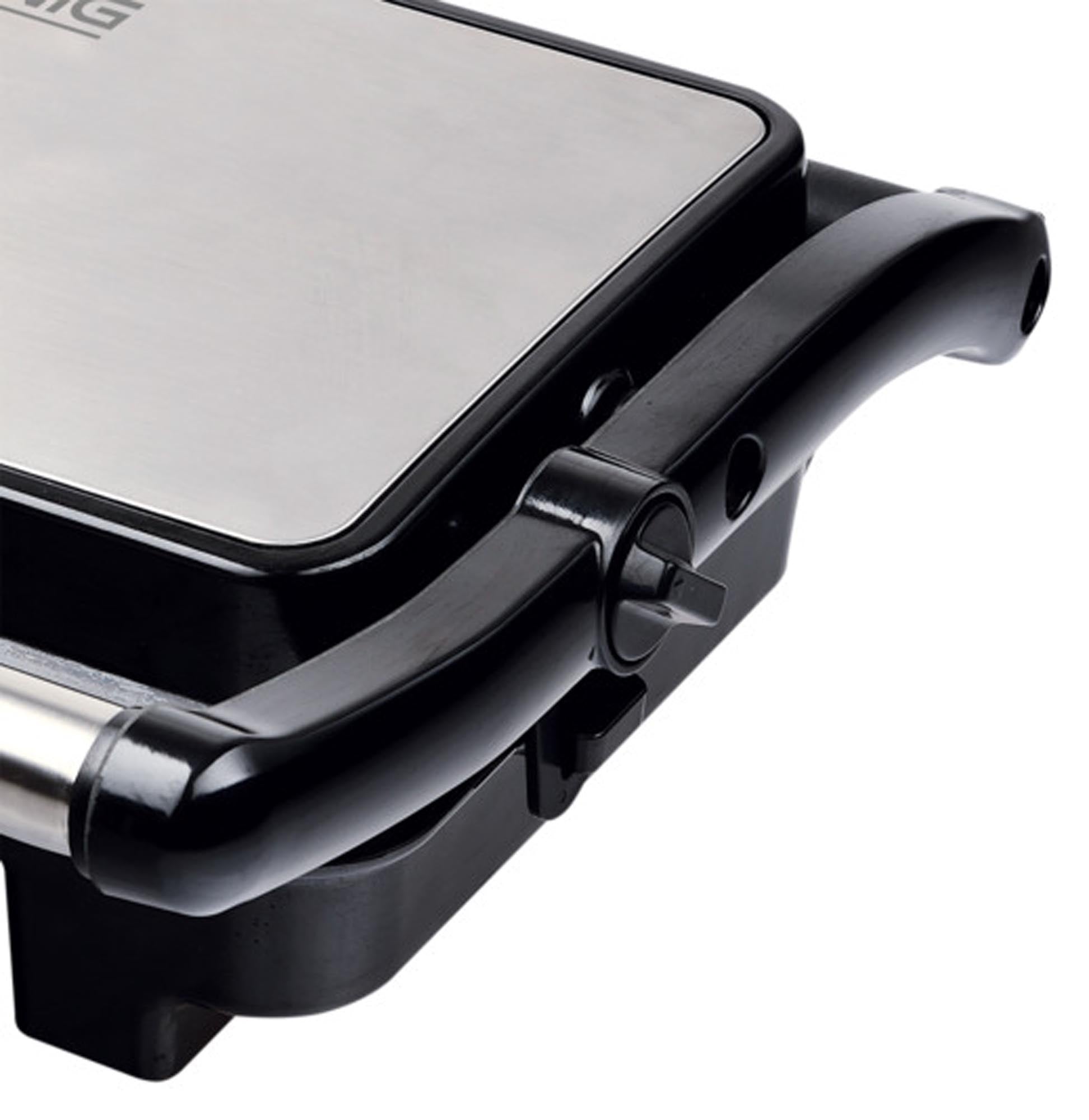 Kompakter KOENIG Sandwichgrill mit antihaftbeschichteten Platten, ideal für Paninis, Wraps und mehr. Automatische Temperaturregelung.