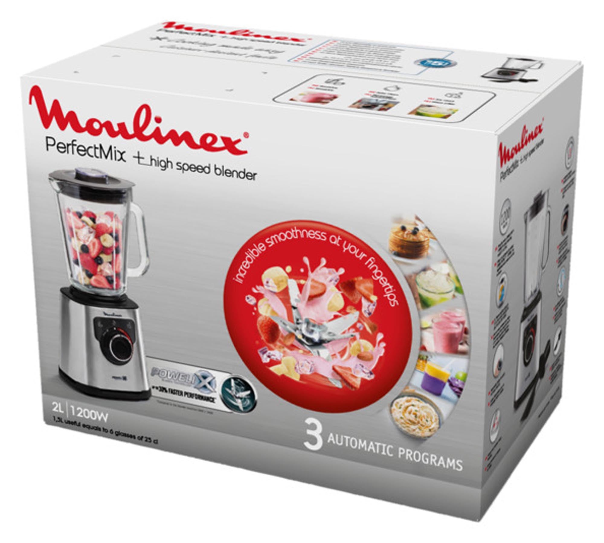 Der MOULINEX PerfectMix+ Standmixer: 1200W, 6 Edelstahlklingen, 2L BPA-frei, 3 Programme, ideal für Smoothies & Suppen.