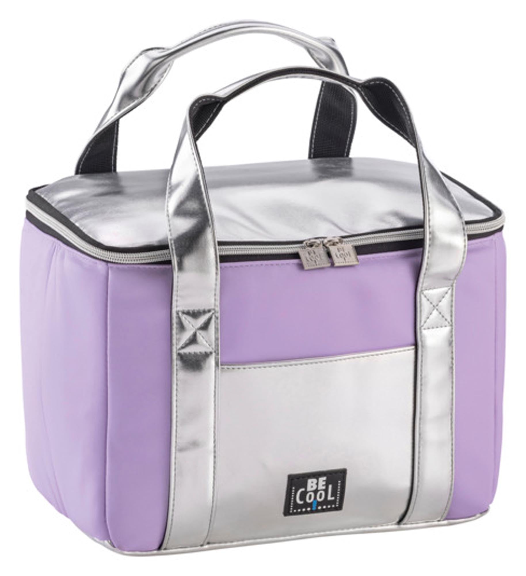 Stilvolle 28L Kühltasche in Lavendel/Silber von BE COOL, ideal für Picknicks, robust, wasserabweisend, leicht zu reinigen.