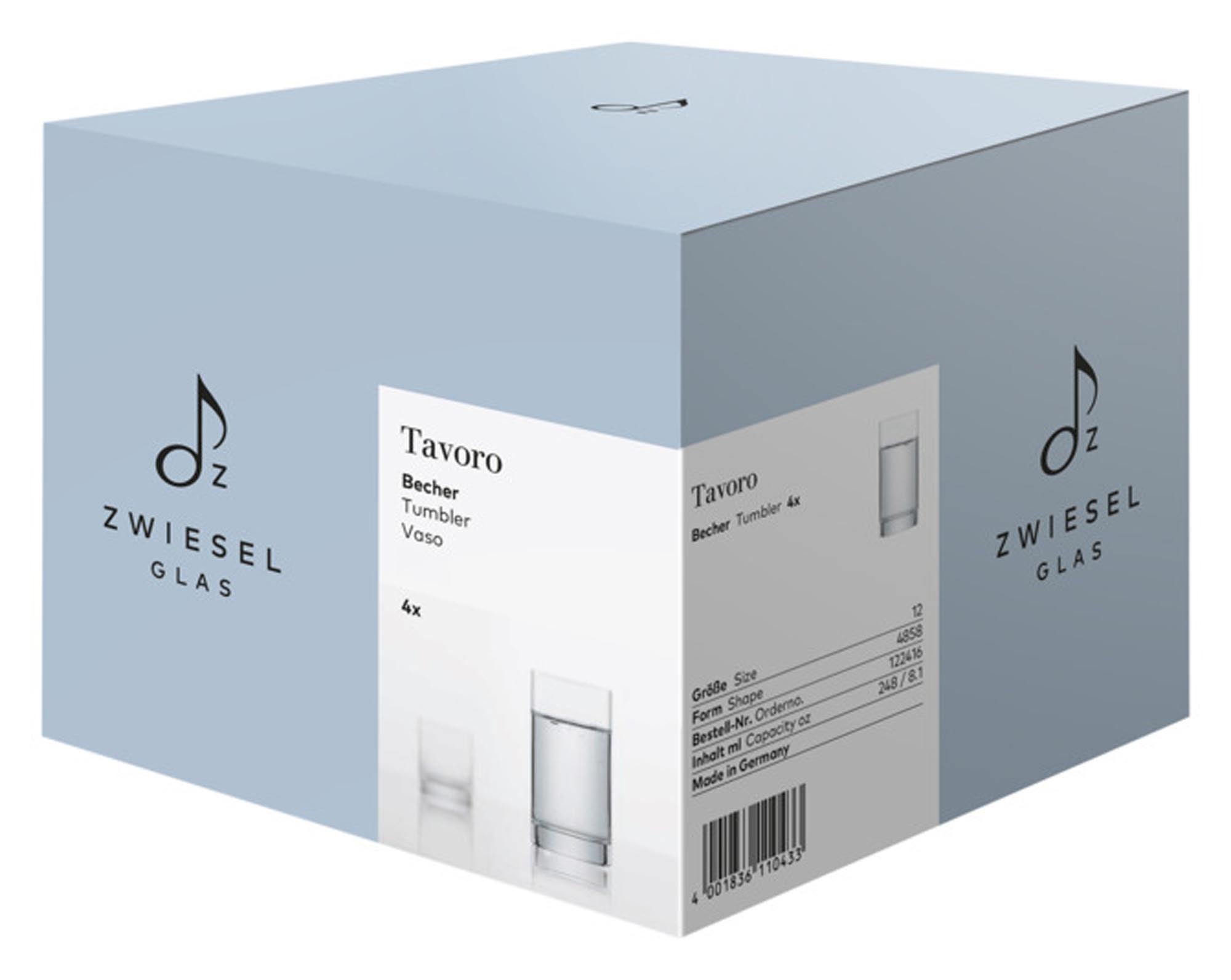 Elegantes Trinkglas-Set Tavoro 65 von ZWIESEL GLAS: 4 hochwertige, spülmaschinenfeste Kristallgläser, ideal für Wasser, Saft und Spirituosen.