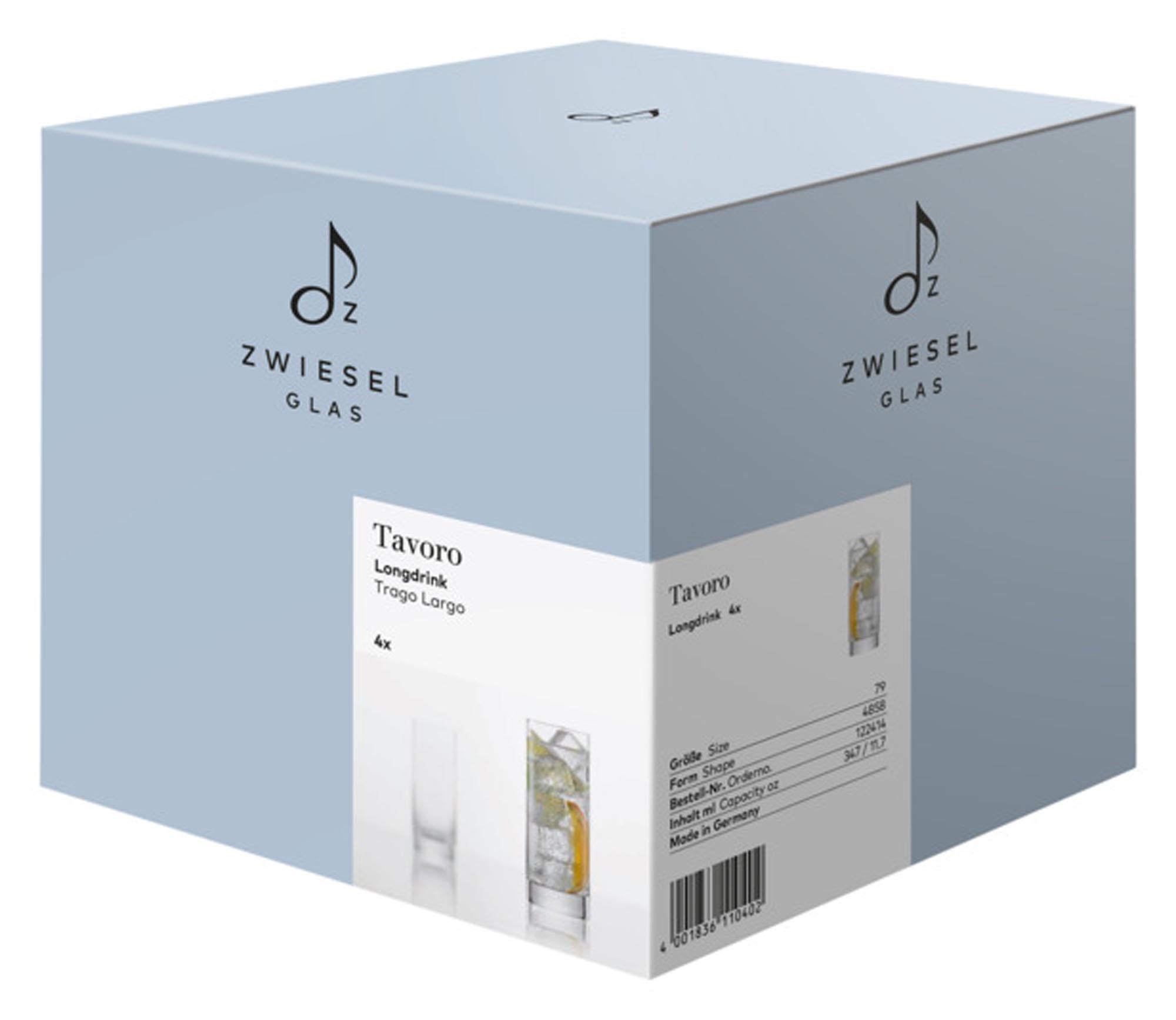 Elegante Tavoro 79 Longdrinkgläser von ZWIESEL GLAS, 4er-Set, aus robustem Kristallglas, ideal für Cocktails und Softdrinks.